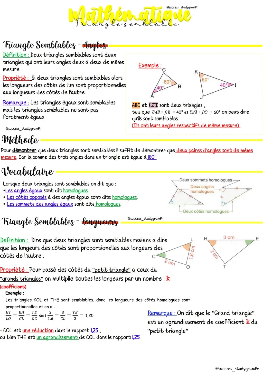 Triangle Semblables - Angles
Définition: Deux triangles semblables sont deux
triangles qui ont leurs angles deux à deux de même
mesure.
Prop