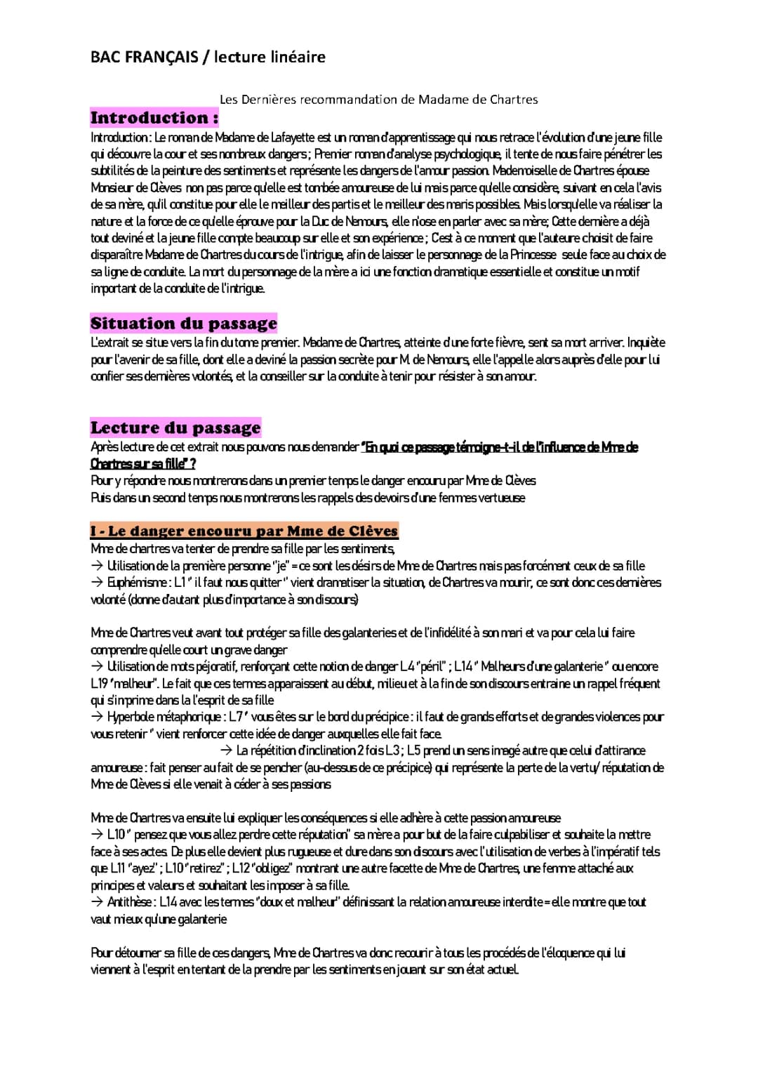 Analyse Linéaire La Princesse de Clèves : Scène du Bal et Il parut