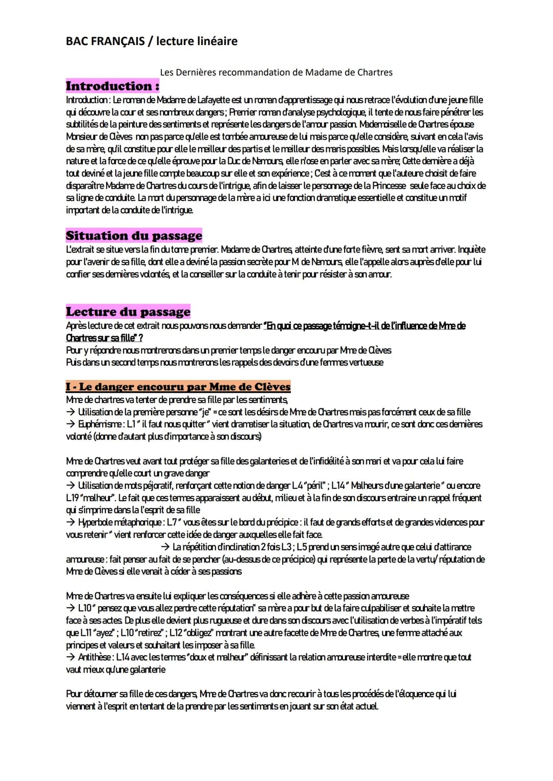 BAC FRANÇAIS / lecture linéaire
Les Dernières recommandation de Madame de Chartres
Introduction :
Introduction: Le roman de Madame de Lafaye