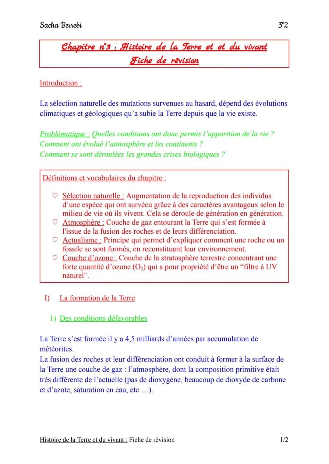 Sacha Berrebi
Chapitre n°3: Histoire de la Terre et et du vivant
Fiche de révision
Introduction:
La sélection naturelle des mutations surven