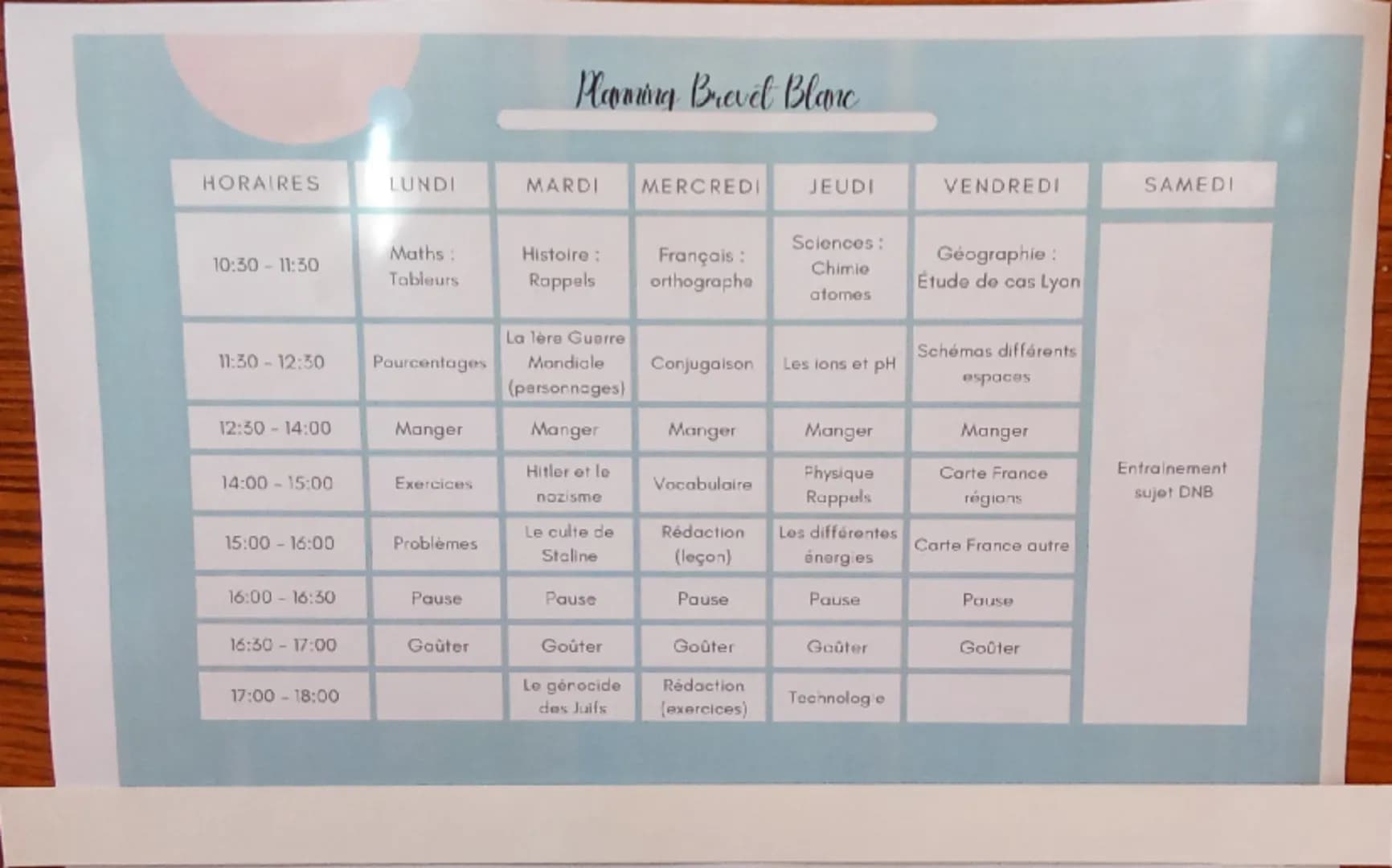 # Planning Brevet Blanc

| HORAIRES | LUNDI | MARDI | MERCREDI | JEUDI | VENDREDI | SAMEDI |
|---|---|---|---|---|---|---|
| 10:30 - 11:30 |