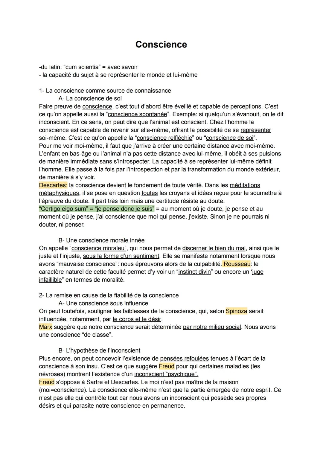 Conscience
-du latin: "cum scientia" = avec savoir
- la capacité du sujet à se représenter le monde et lui-même
1- La conscience comme sourc
