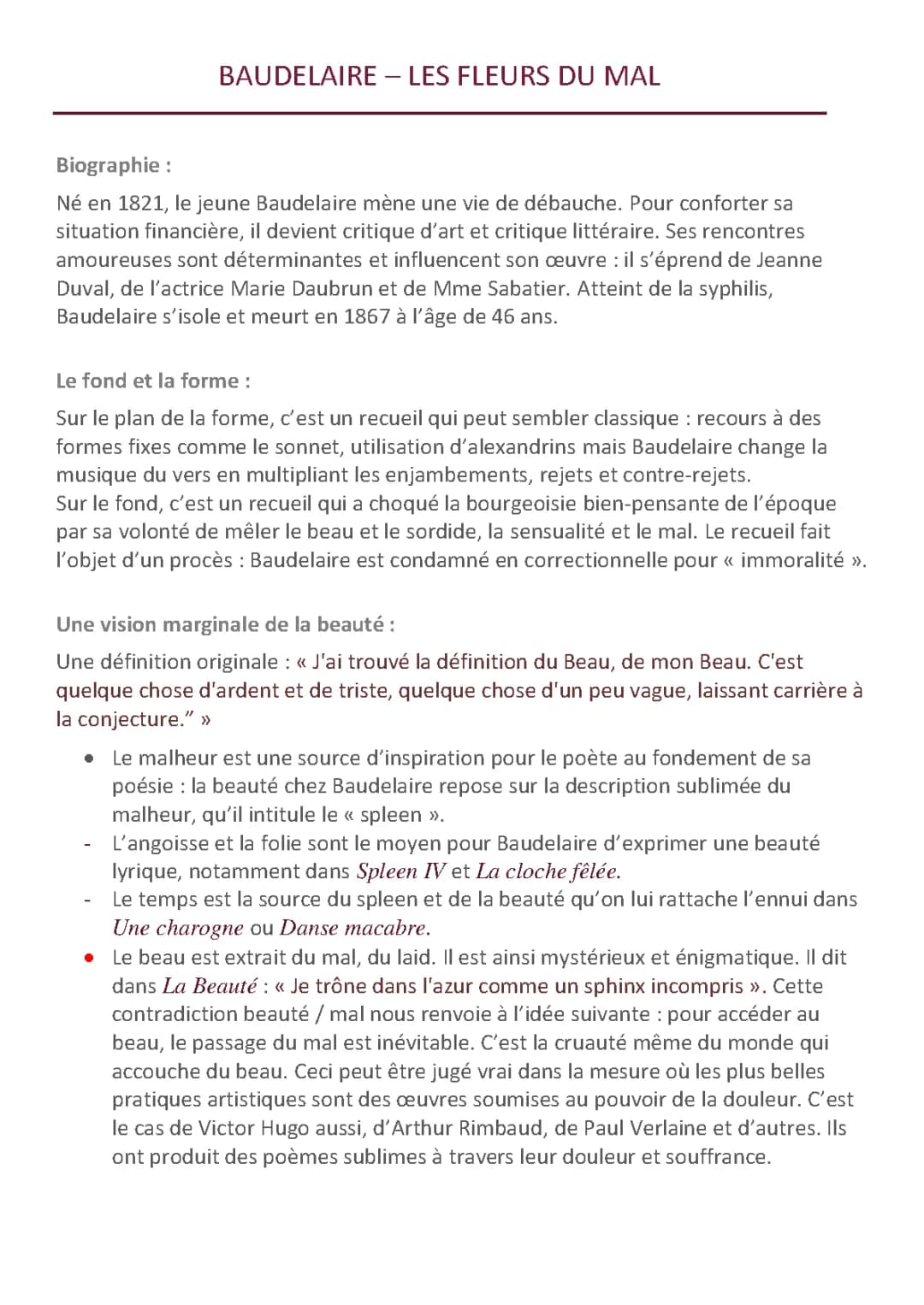 Les Fleurs du Mal : Dissertation corrigée, Analyse et Résumé Poème par Poème