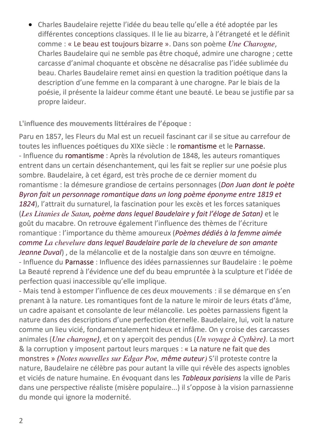 BAUDELAIRE - LES FLEURS DU MAL
Biographie :
Né en 1821, le jeune Baudelaire mène une vie de débauche. Pour conforter sa
situation financière
