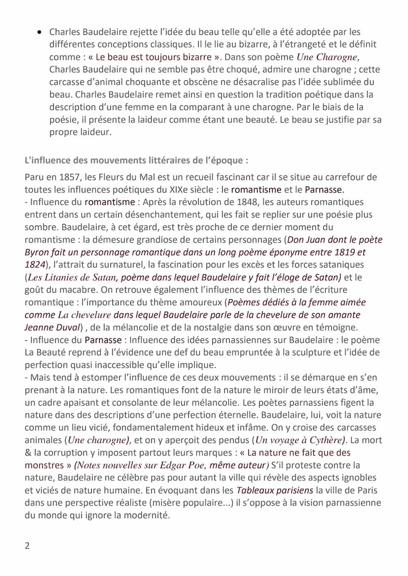 BAUDELAIRE - LES FLEURS DU MAL
Biographie :
Né en 1821, le jeune Baudelaire mène une vie de débauche. Pour conforter sa
situation financière
