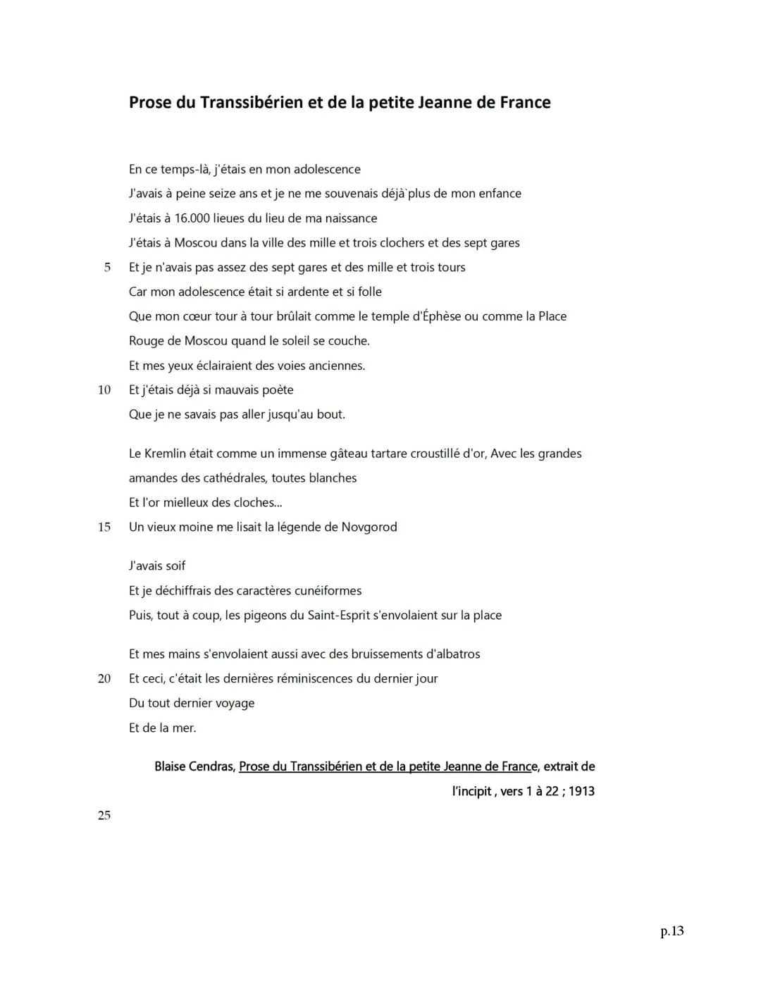 Analyse linéaire " La prose du Transsibérien" 