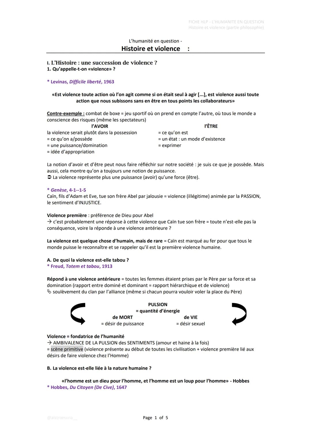 1. L'Histoire : une succession de violence ?
1. Qu'appelle-t-on <<violence>> ?
L'humanité en question -
Histoire et violence :
* Levinas, Di