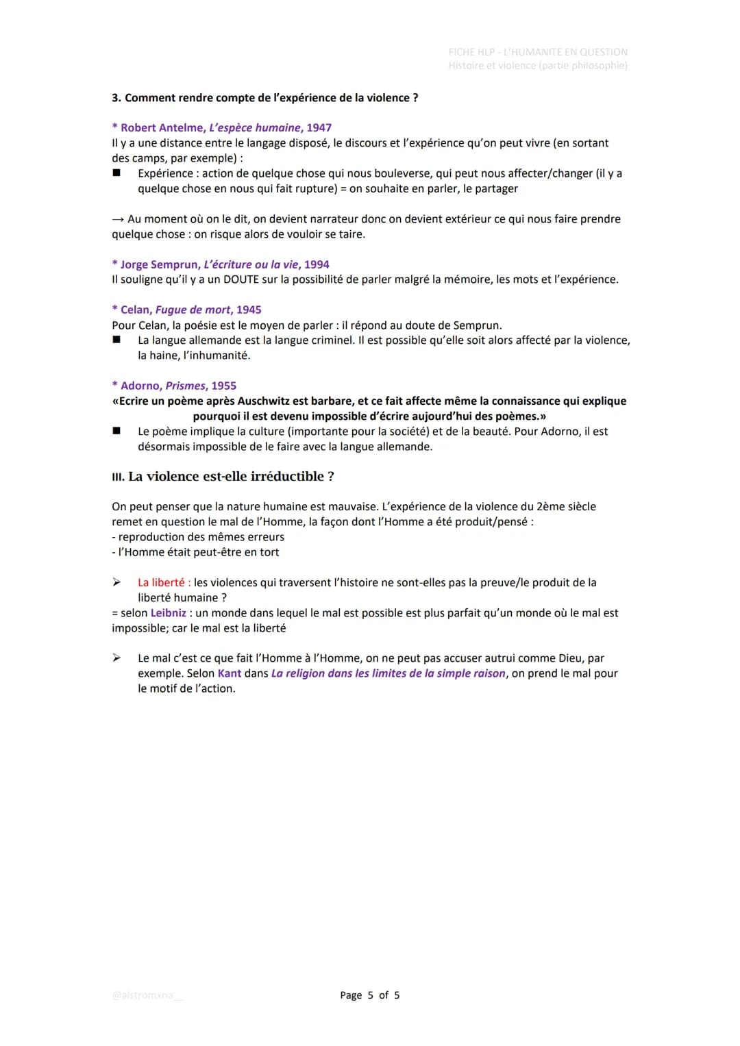 1. L'Histoire : une succession de violence ?
1. Qu'appelle-t-on <<violence>> ?
L'humanité en question -
Histoire et violence :
* Levinas, Di