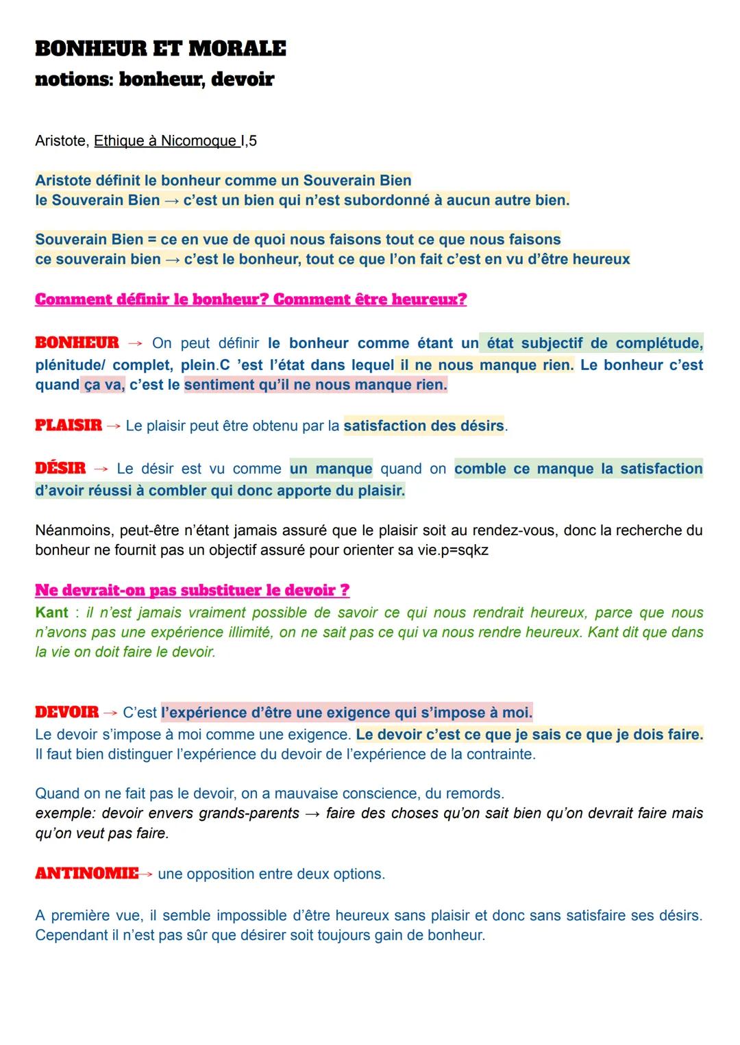 Bonheur, devoir, morale, PHILOSOPHIE TERM