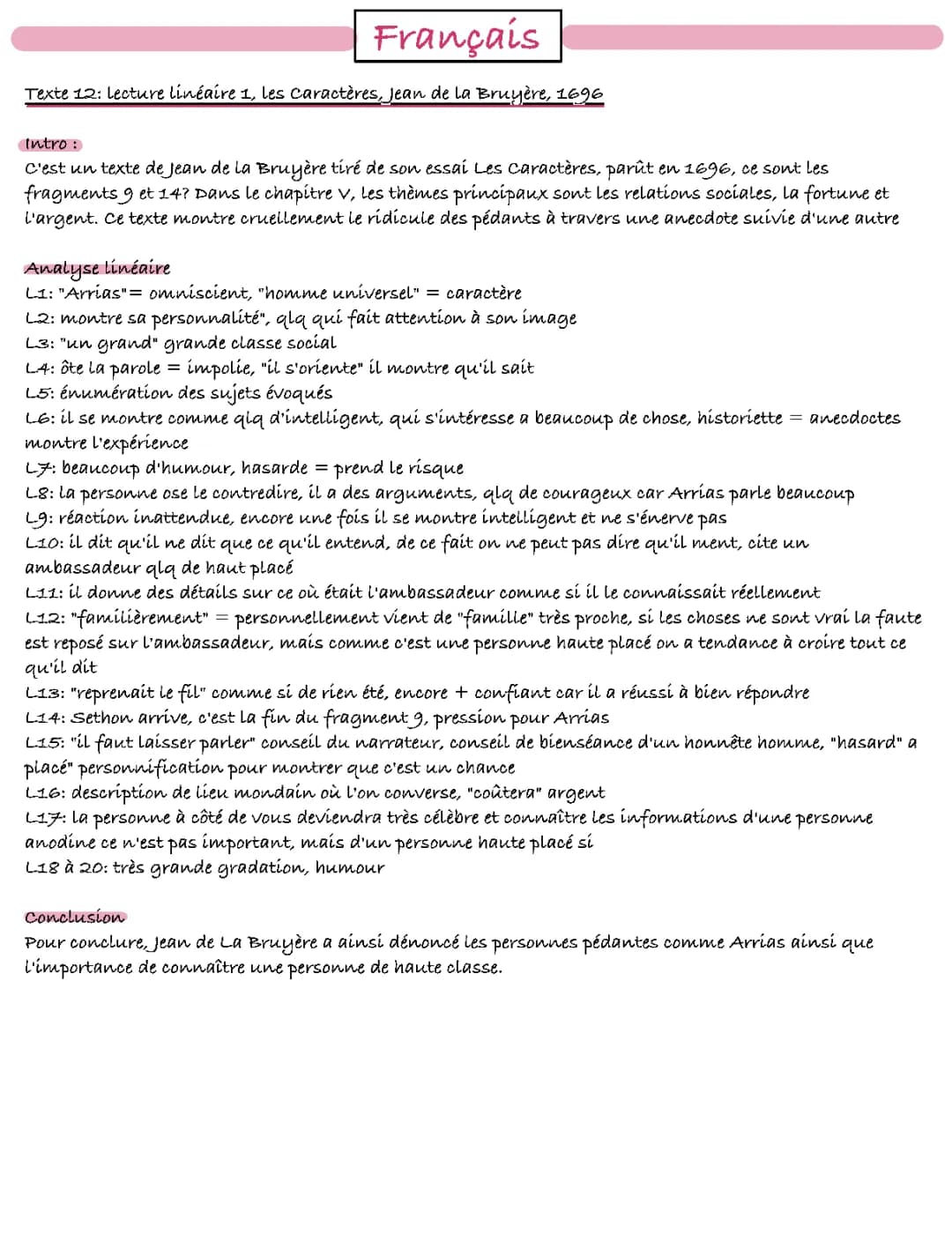 Analyse linéaire Les Caractères de La Bruyère - Résumé par chapitre PDF