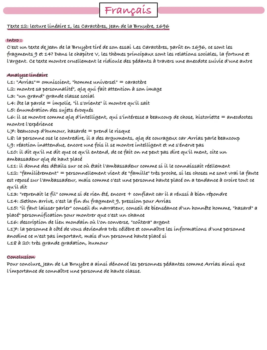 Français
Texte 12: lecture linéaire 1, les caractères, Jean de la Bruyère, 1696
Intro:
C'est un texte de Jean de la Bruyère tiré de son essa
