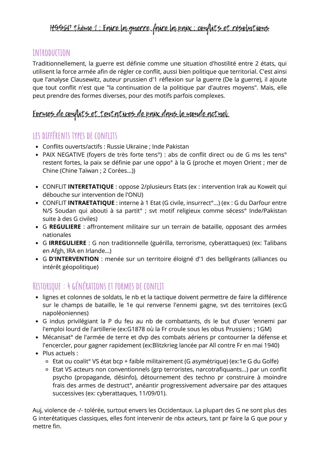 HGGSP thème 1 : Faire la guerre, faire la paix : conflits et résolutions.
INTRODUCTION
Traditionnellement, la guerre est définie comme une s