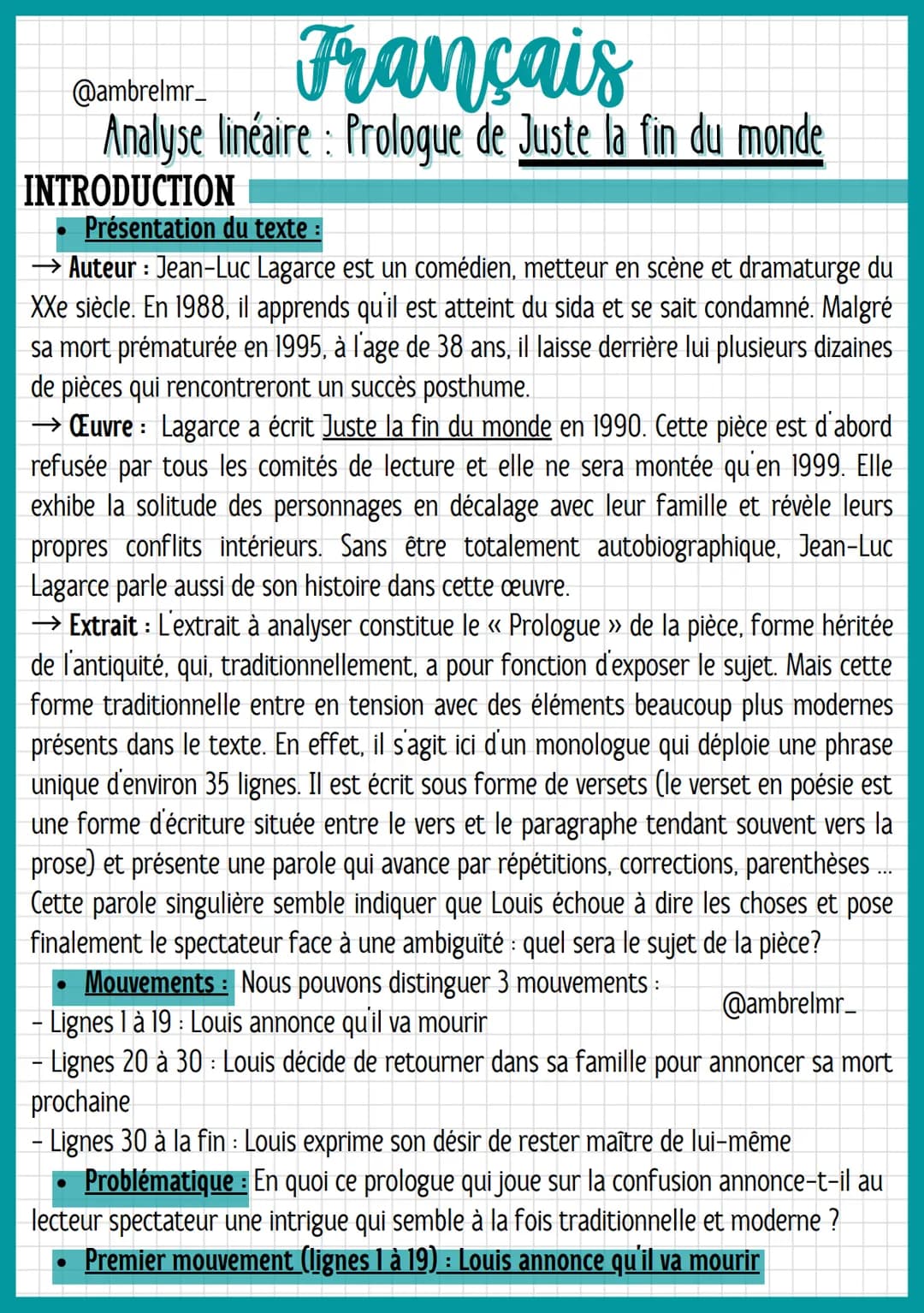 Français
@ambrelmr_
Analyse linéaire: Prologue de Juste la fin du monde
INTRODUCTION
Présentation du texte :
→ Auteur : Jean-Luc Lagarce est