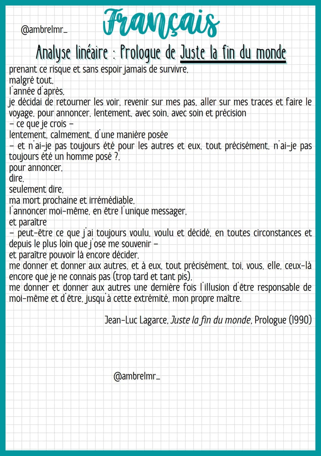 Français
@ambrelmr_
Analyse linéaire: Prologue de Juste la fin du monde
INTRODUCTION
Présentation du texte :
→ Auteur : Jean-Luc Lagarce est