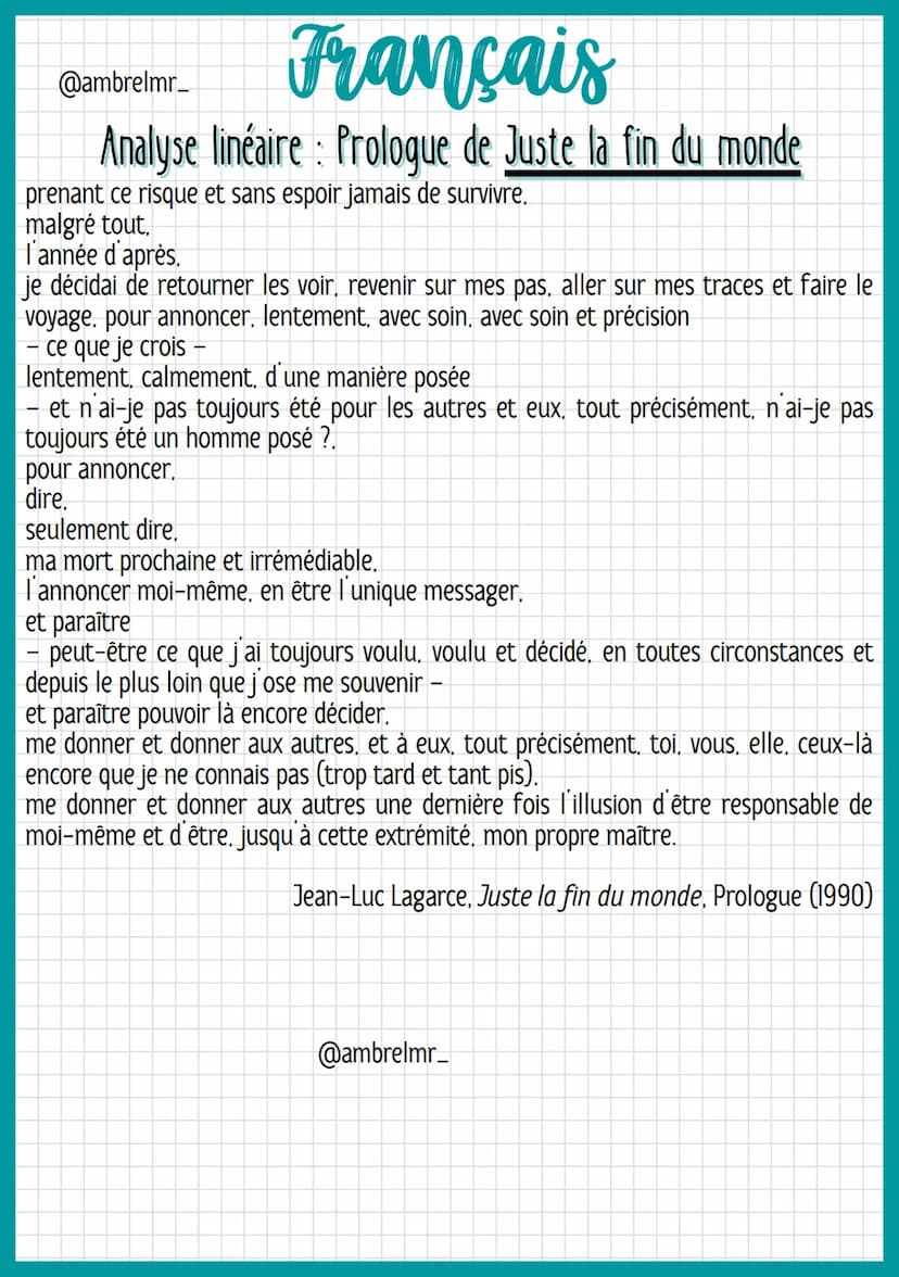 Français
@ambrelmr_
Analyse linéaire: Prologue de Juste la fin du monde
INTRODUCTION
Présentation du texte :
→ Auteur : Jean-Luc Lagarce est
