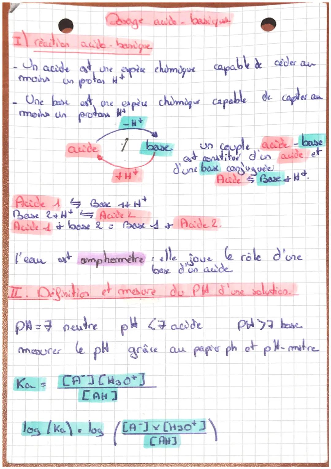 Dosage ande-basiqu

I reaction acido-basique

- Un acide est une expère chimique capable de céder an
moins un protas H+

- Une base est une 