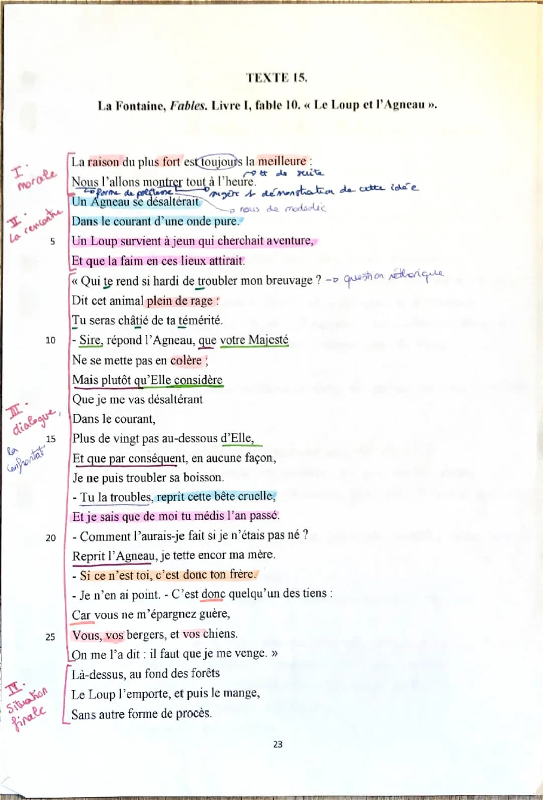 TEXTE 15.
La Fontaine, Fables. Livre I, fable 10. « Le Loup et l'Agneau »>.
I
I'
morale
La rencontre
10
5
I.
dialogue,
la
Confrontat. 15
TY.
