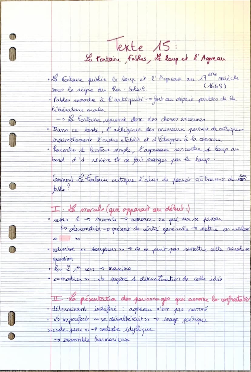 TEXTE 15.
La Fontaine, Fables. Livre I, fable 10. « Le Loup et l'Agneau »>.
I
I'
morale
La rencontre
10
5
I.
dialogue,
la
Confrontat. 15
TY.