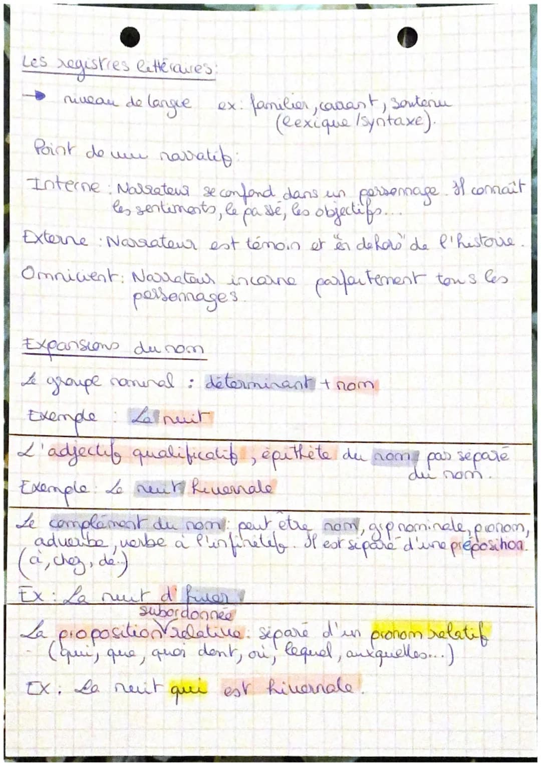 Les registres litteraires;
niveau de langue
ex.
familier, carrast, sontenu
(lexique /syntaxe).
Point de un navratif
Interne: Nalrateur se co