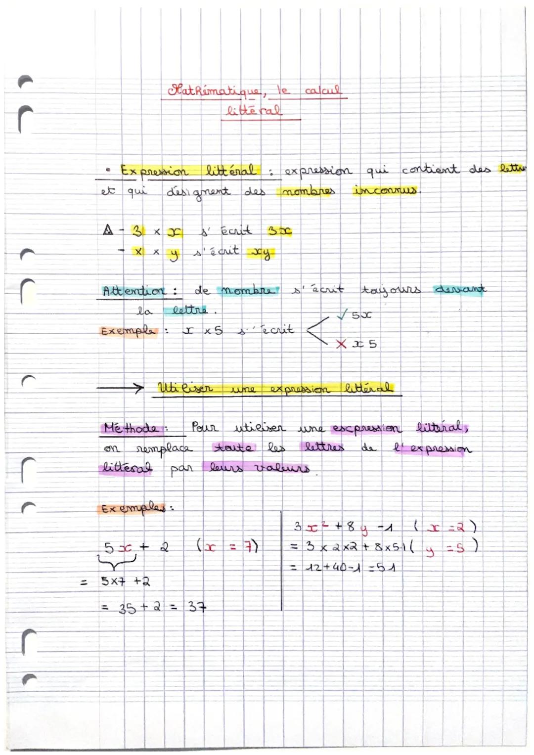 二
Mathématique, le calcul
litteral

- Expression littéral : expression qui contient des lettre
et qui désignent des nombres inconnus.

A-3 x