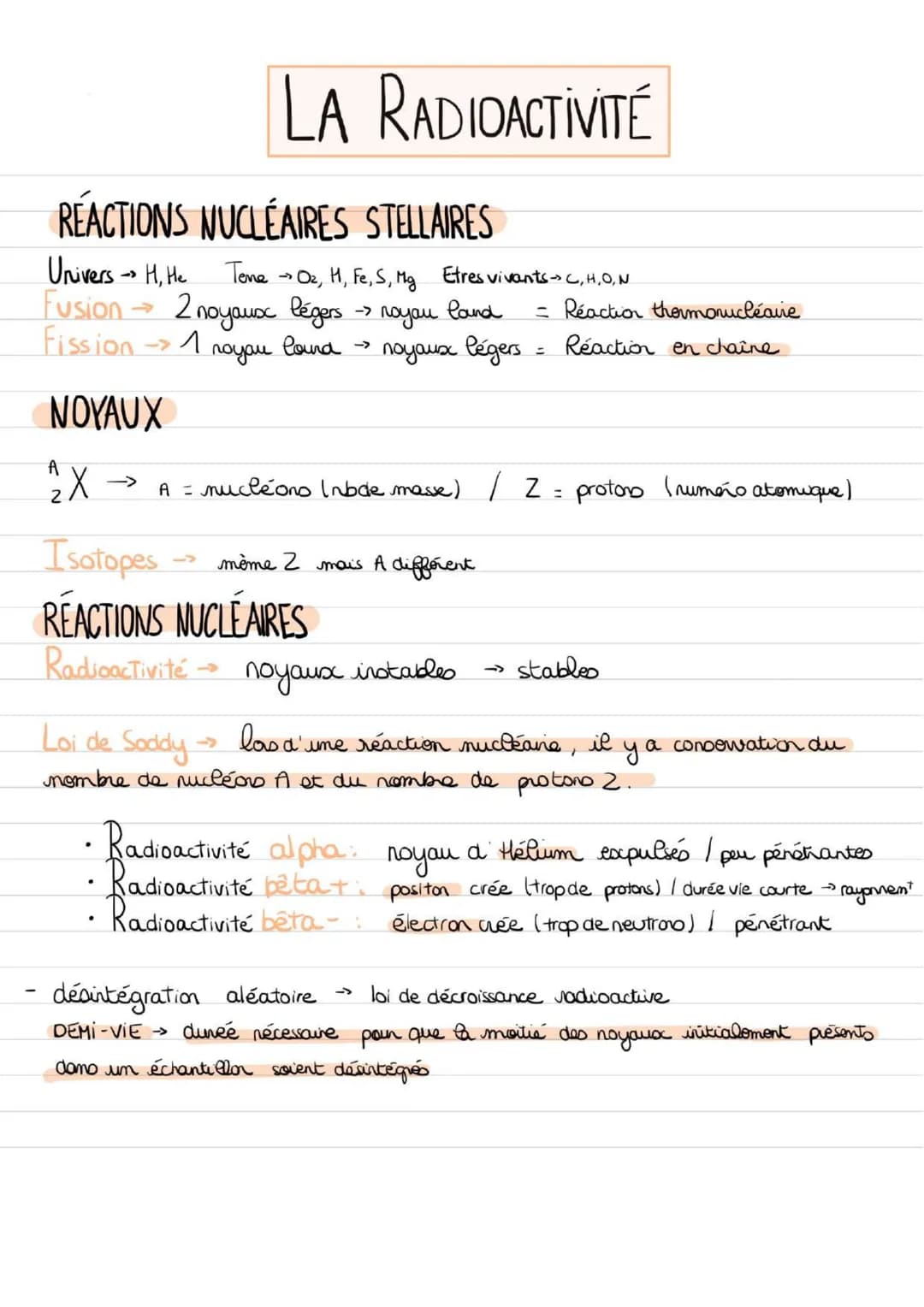 LA RADIOACTIVITÉ
REACTIONS NUCLÉAIRES STELLAIRES
Univers - H, He Teme →O₂, H, Fe, S, Mg Etres vivants - C, H.,O, N
Fusion 2 noyaux légers ->