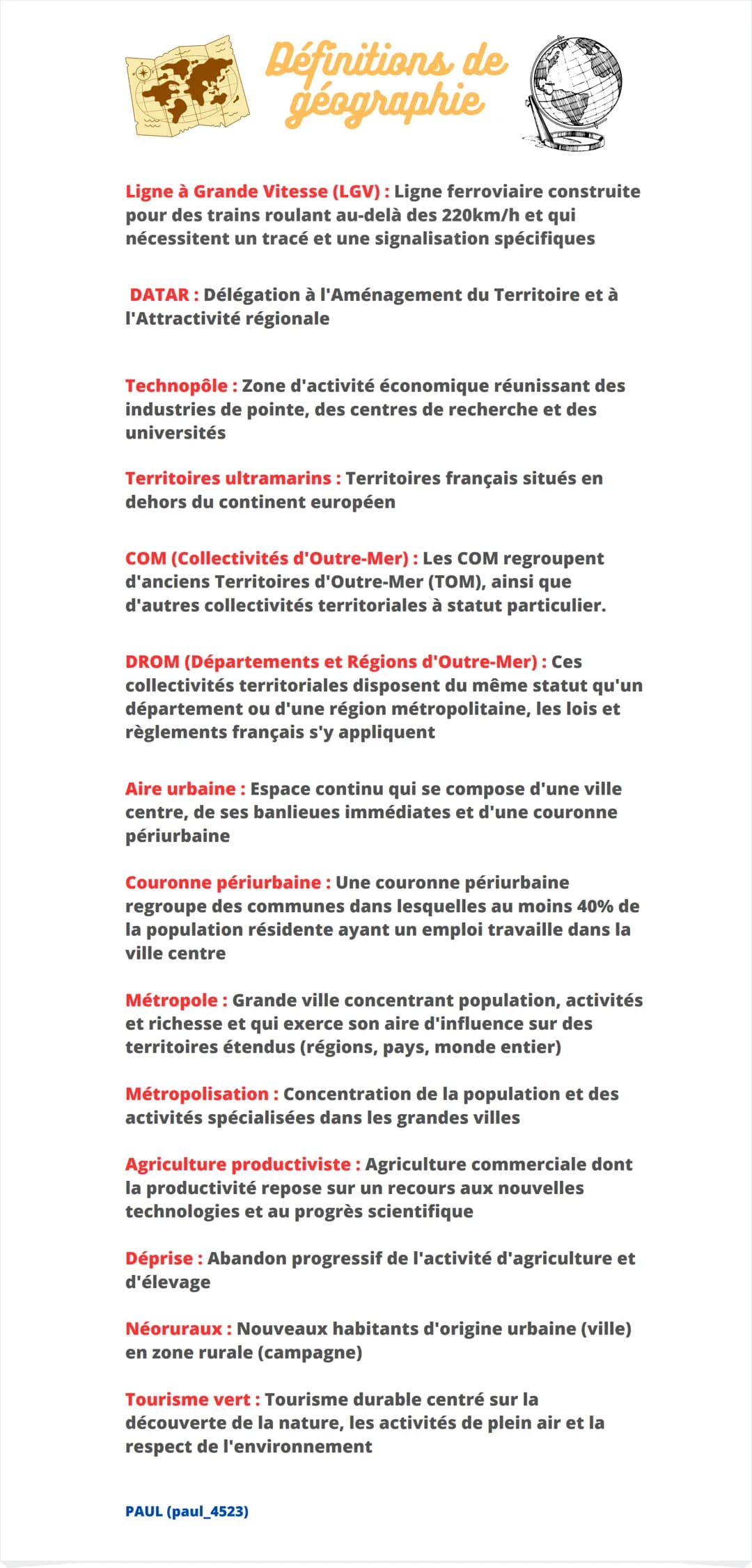 Définitions de
géographie
Ligne à Grande Vitesse (LGV): Ligne ferroviaire construite
pour des trains roulant au-delà des 220km/h et qui
néce