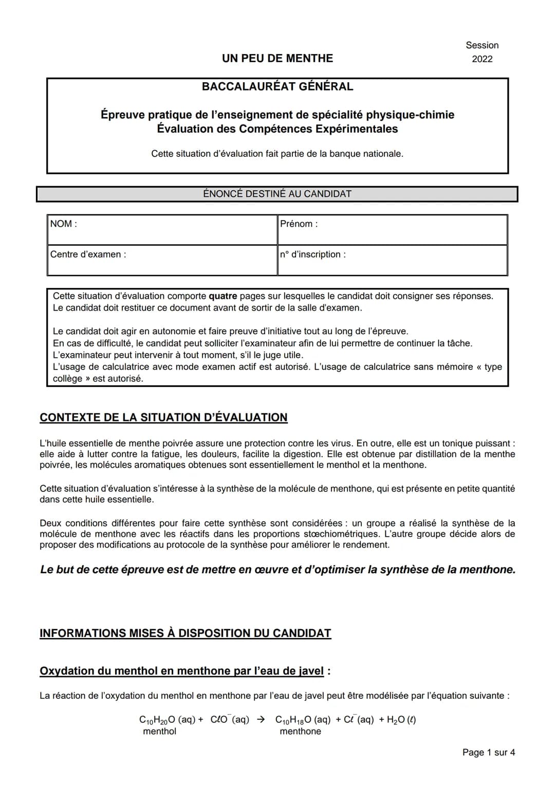 
<p>UN PEU DE MENTHE<br />
BACCALAURÉAT GÉNÉRAL<br />
Épreuve pratique de l'enseignement de spécialité physique-chimie<br />
Évaluation des 