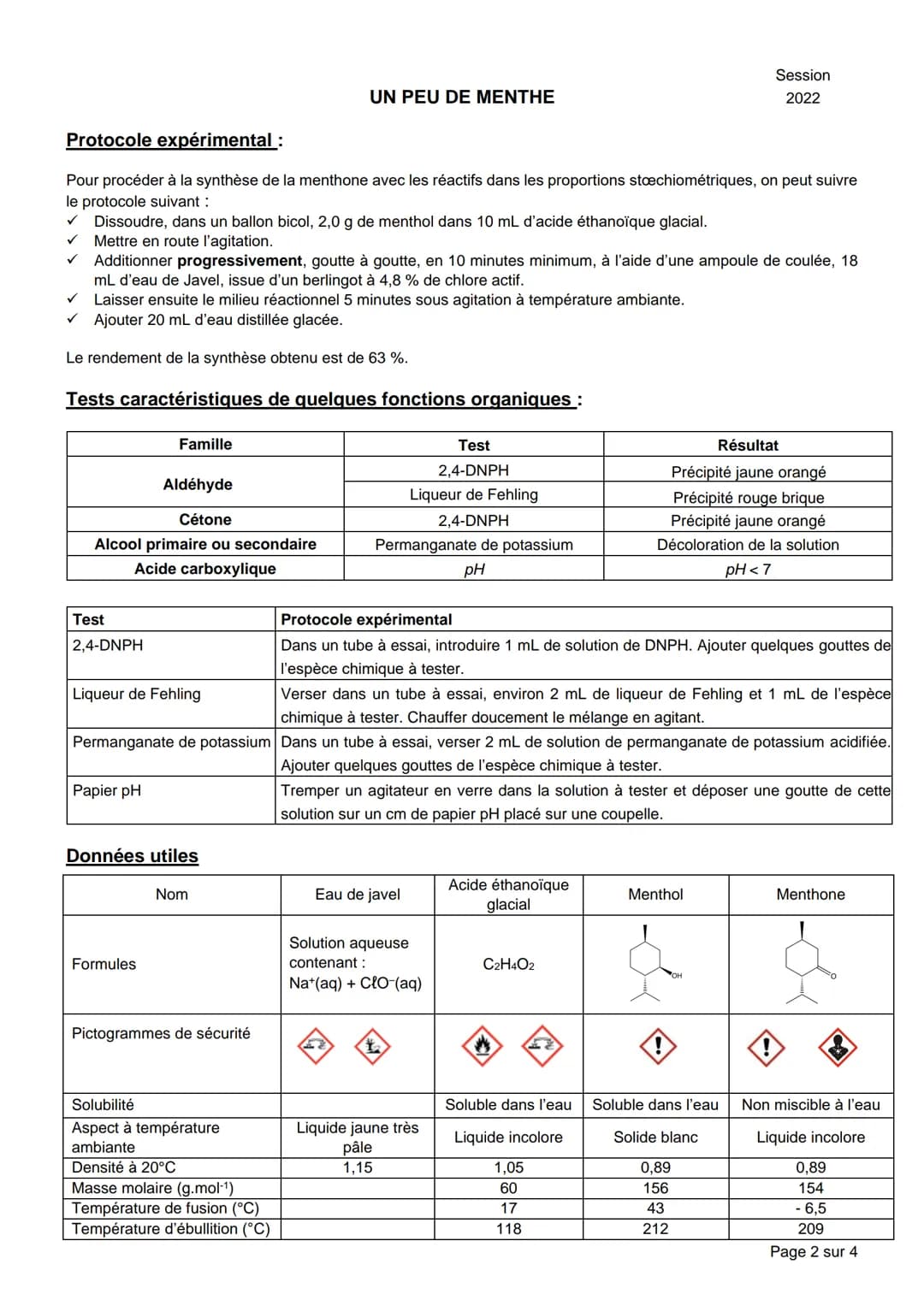 
<p>UN PEU DE MENTHE<br />
BACCALAURÉAT GÉNÉRAL<br />
Épreuve pratique de l'enseignement de spécialité physique-chimie<br />
Évaluation des 