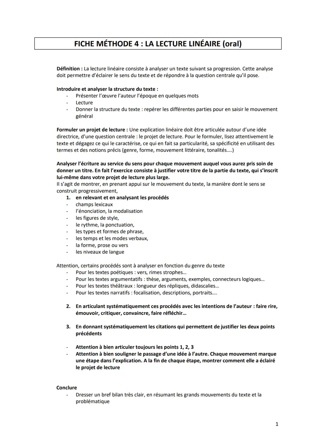 FICHE MÉTHODE 4: LA LECTURE LINÉAIRE (oral)
Définition : La lecture linéaire consiste à analyser un texte suivant sa progression. Cette anal