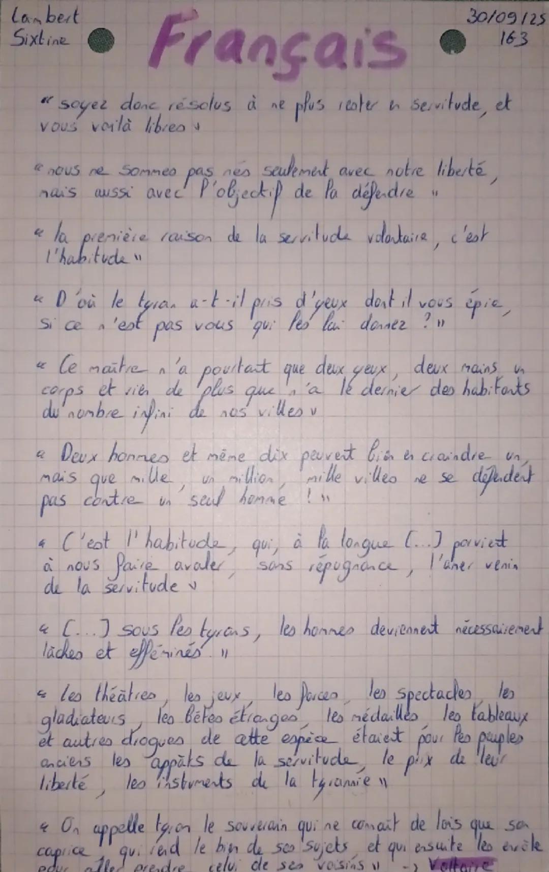 Lambert
Sixtine

# Français

*   soyez donc résolus à ne plus rester a servitude, et
vous voilà libres
J

@ nous ne sommes pas nes seulement