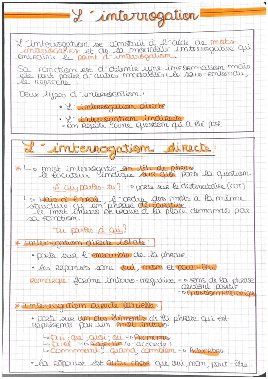 # L'interrogation

L'imterrogatiom se construit à l'aide de mots
interrogales et de la modalité interrogative qui
entraîne le point a interr
