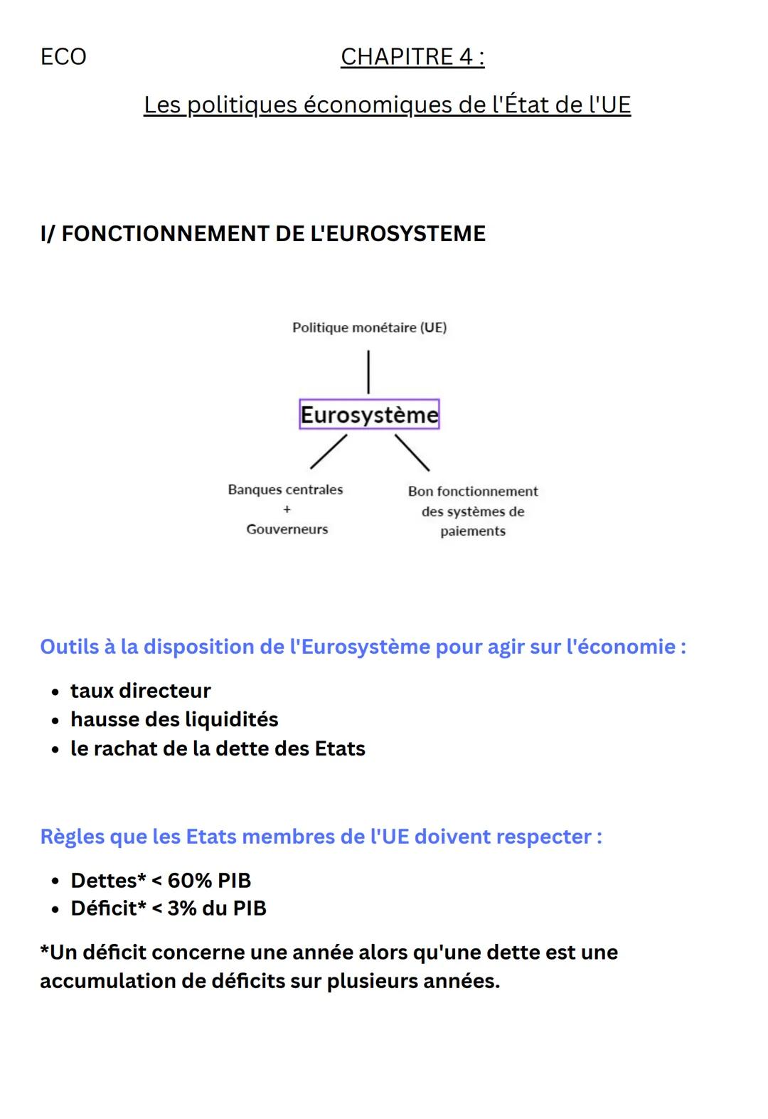 ECO
CHAPITRE 4:
Les politiques économiques de l'État de l'UE
I/ FONCTIONNEMENT DE L'EUROSYSTEME
Politique monétaire (UE)
Eurosystème
Banques