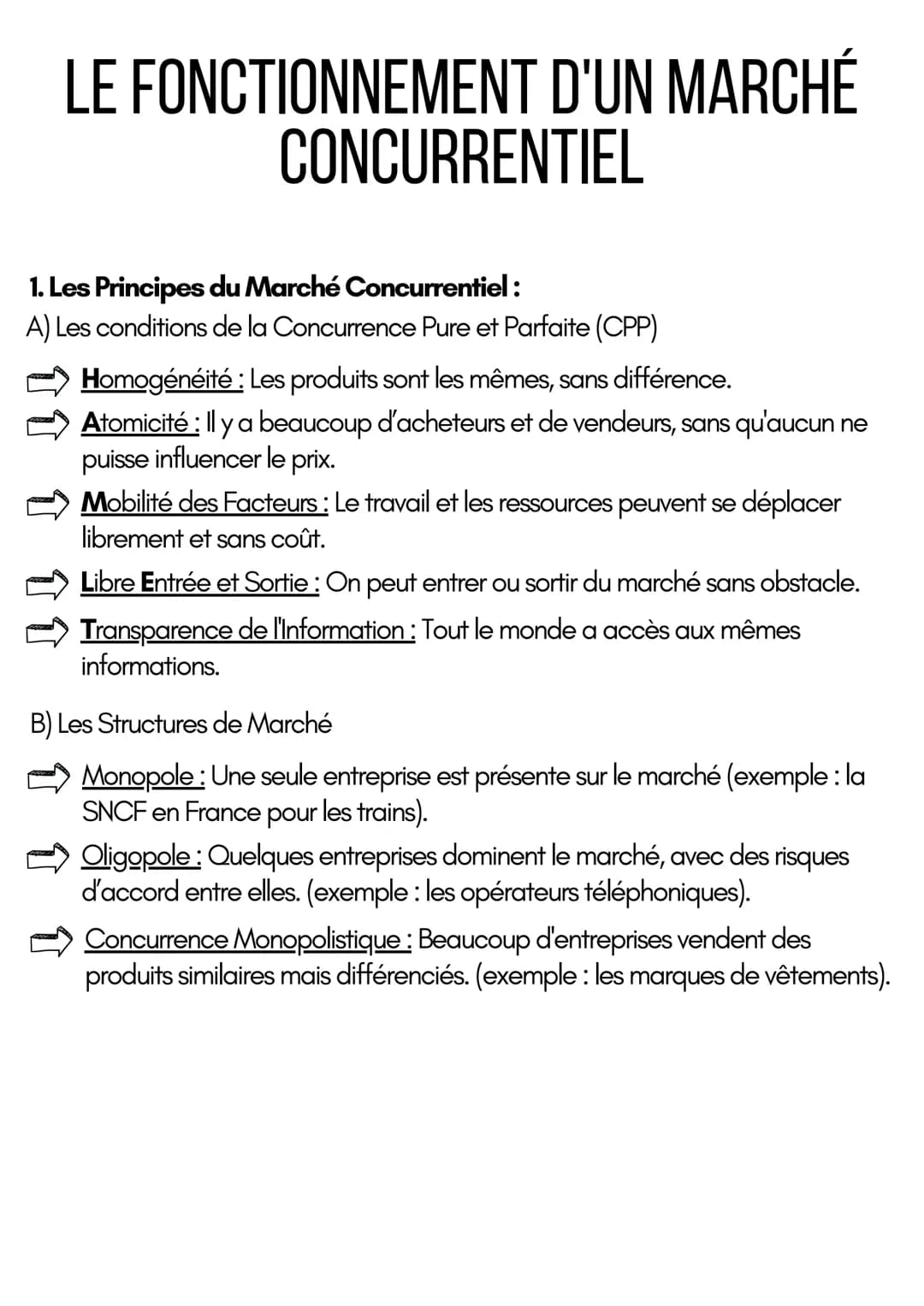 LE FONCTIONNEMENT D'UN MARCHÉ
CONCURRENTIEL
1. Les Principes du Marché Concurrentiel:
A) Les conditions de la Concurrence Pure et Parfaite (