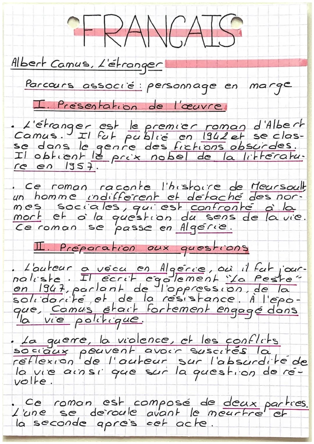 FRANCAIS
Albert Camus, L'étranger
Parcours associé : personnage en
I. Presentation de l'œuvre,
marge
Camus.
L'étranger est le premier roman 