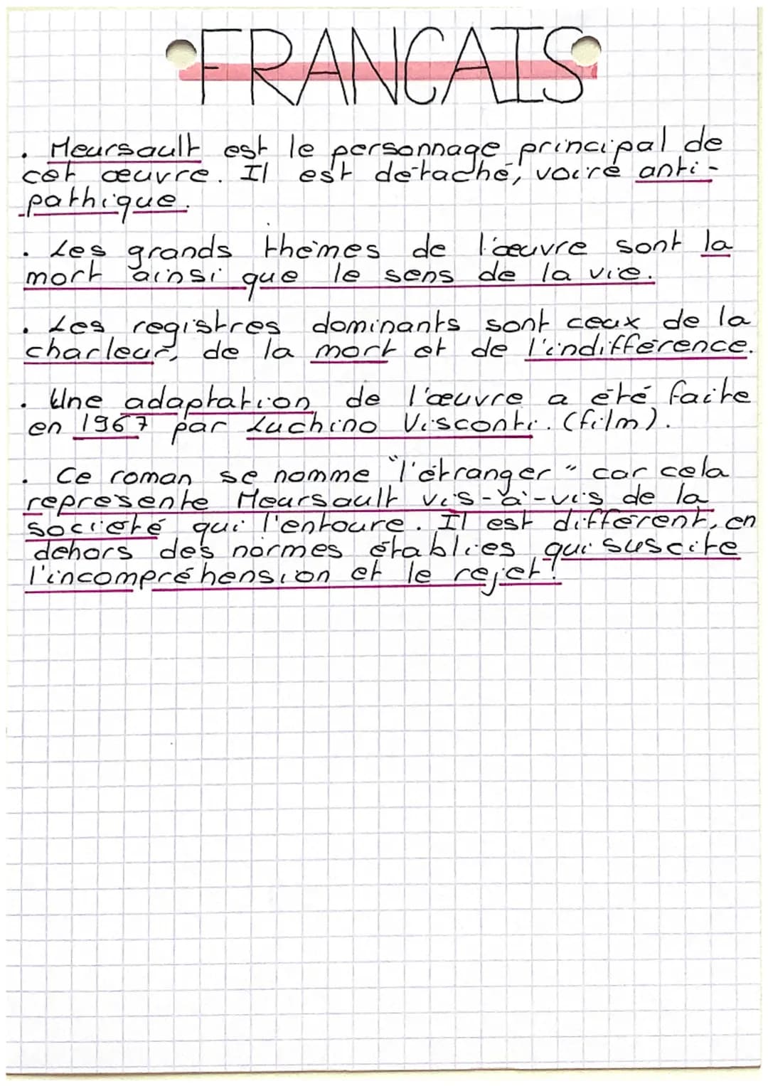 FRANCAIS
Albert Camus, L'étranger
Parcours associé : personnage en
I. Presentation de l'œuvre,
marge
Camus.
L'étranger est le premier roman 