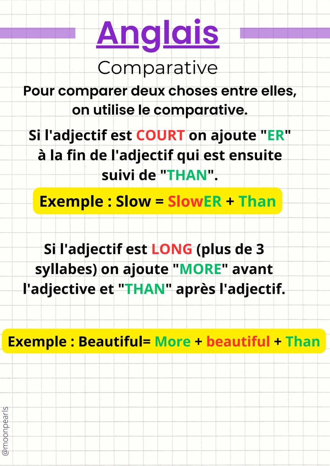 Anglais
Comparative
Pour comparer deux choses entre elles,
on utilise le comparative.
@moonpearls
Si l'adjectif est COURT on ajoute "ER"
à l