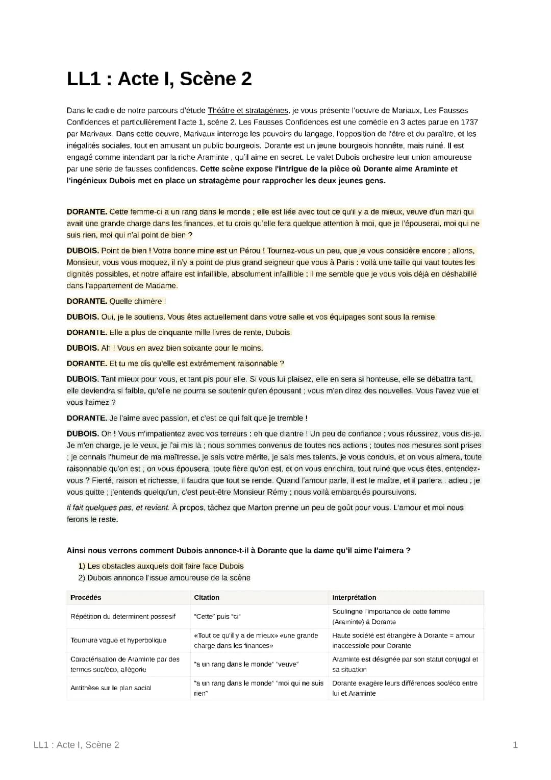 Analyse linéaire Acte 1 Scène 2 Les Fausses Confidences - Marivaux PDF