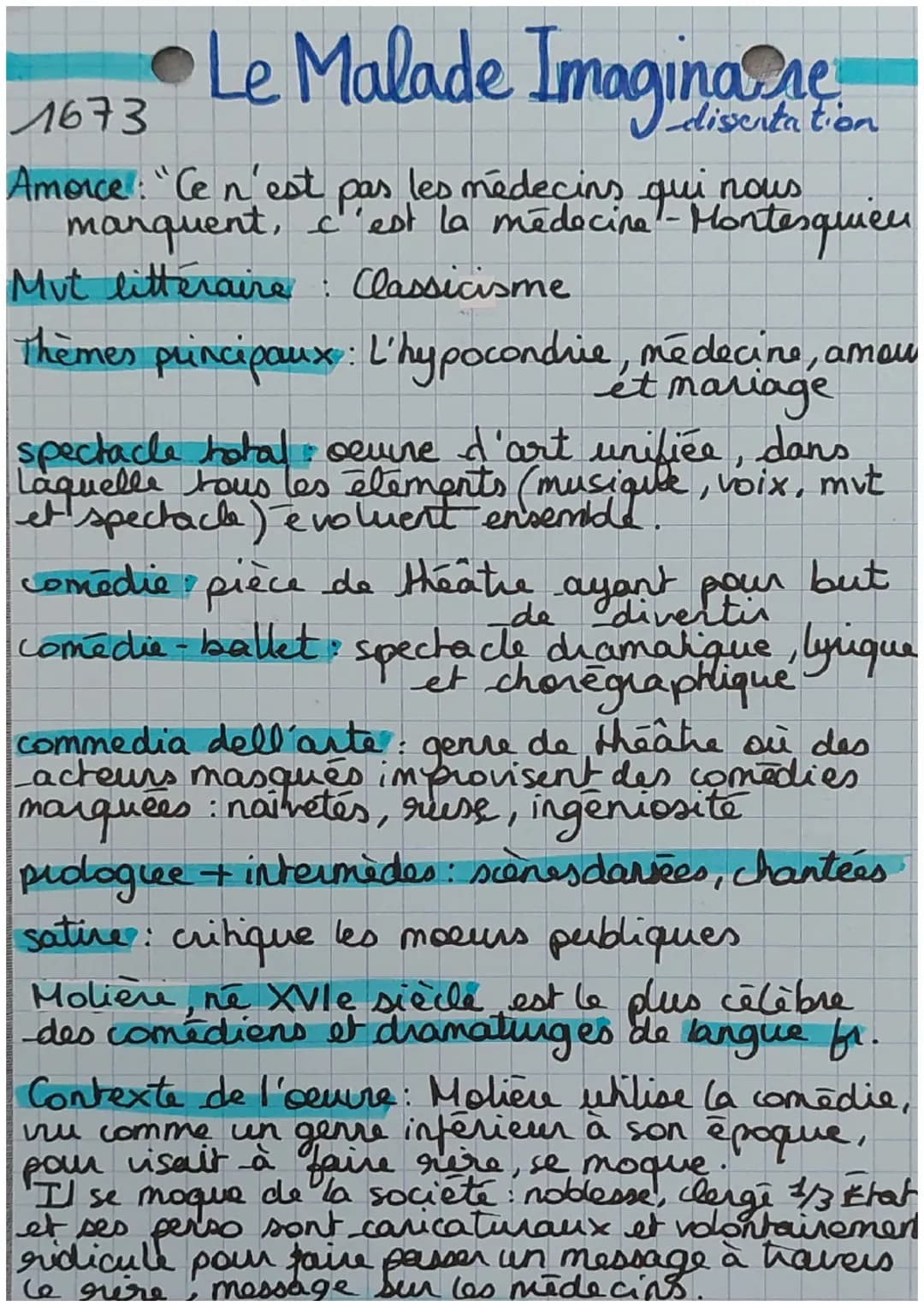 • Le Malade Imagina ne
1673
Amorce: "Ce n'est
pas les médecins qui nous
manquent, c'est la médecine - Montesquieu
Mut litteraire: Classicism