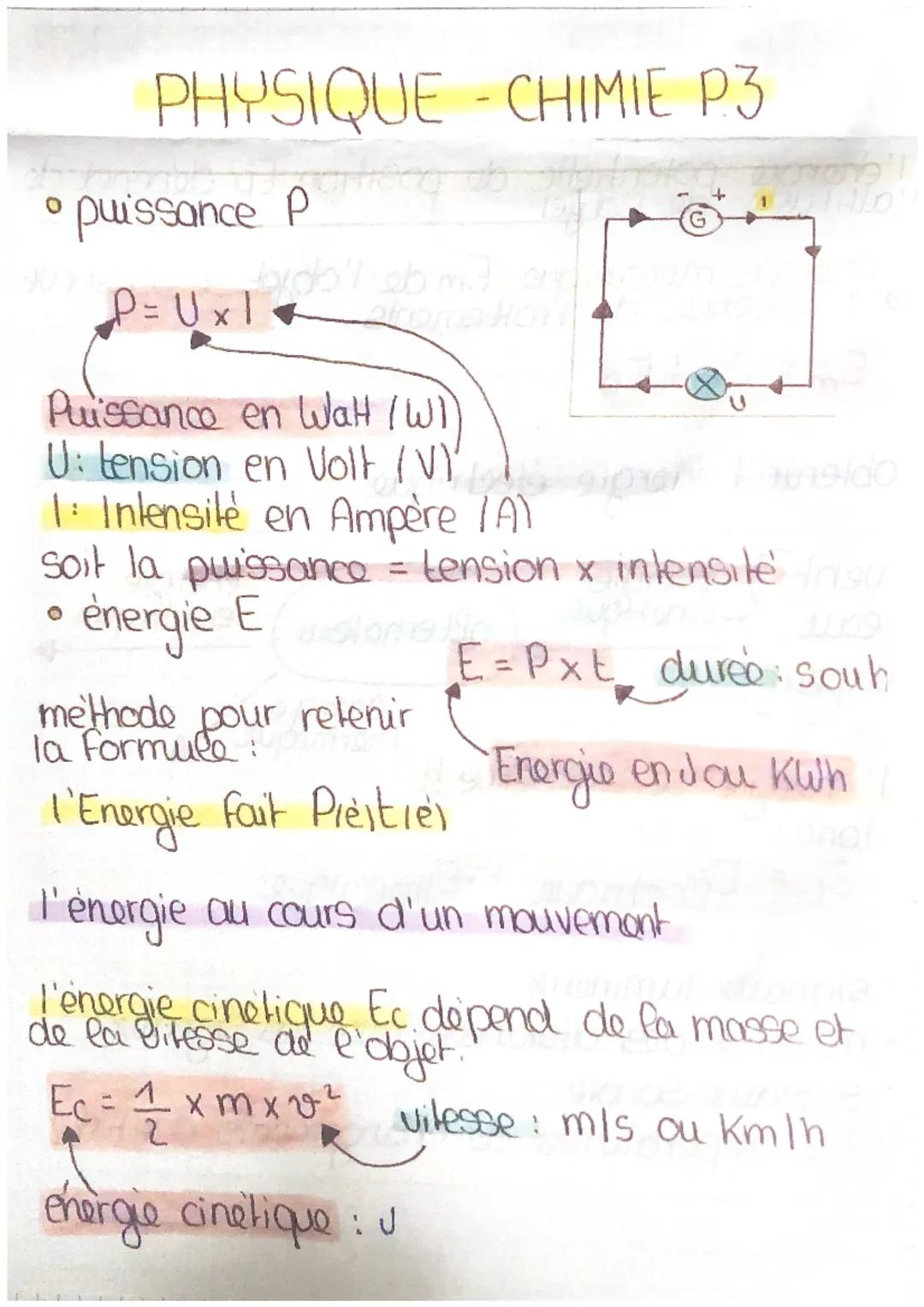 PHYSIQUE - CHIMIE P.3
*   puissance P

$P=Ux1$

Puissance en Watt (WI)
U: tension en Volt (V)'
1: Intensité en Ampère (A)
soit la puissance 