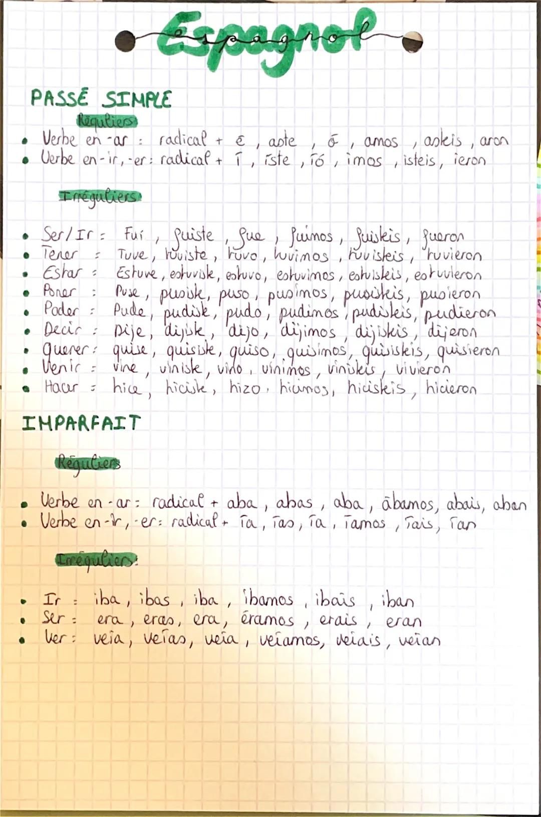 # Espagnol.

PASSE SIMPLE

Requlies

*   Verbe en -ar : radical + $\acute{e}$, aste, $\acute{o}$, amos, askis, aron
*   Verbe en-ir, er: rad