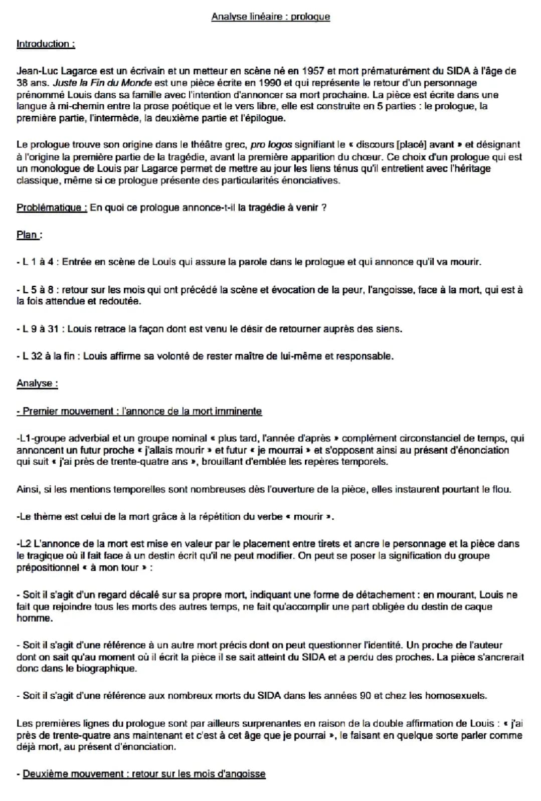 Analyse linéaire Prologue Juste la fin du monde PDF et texte