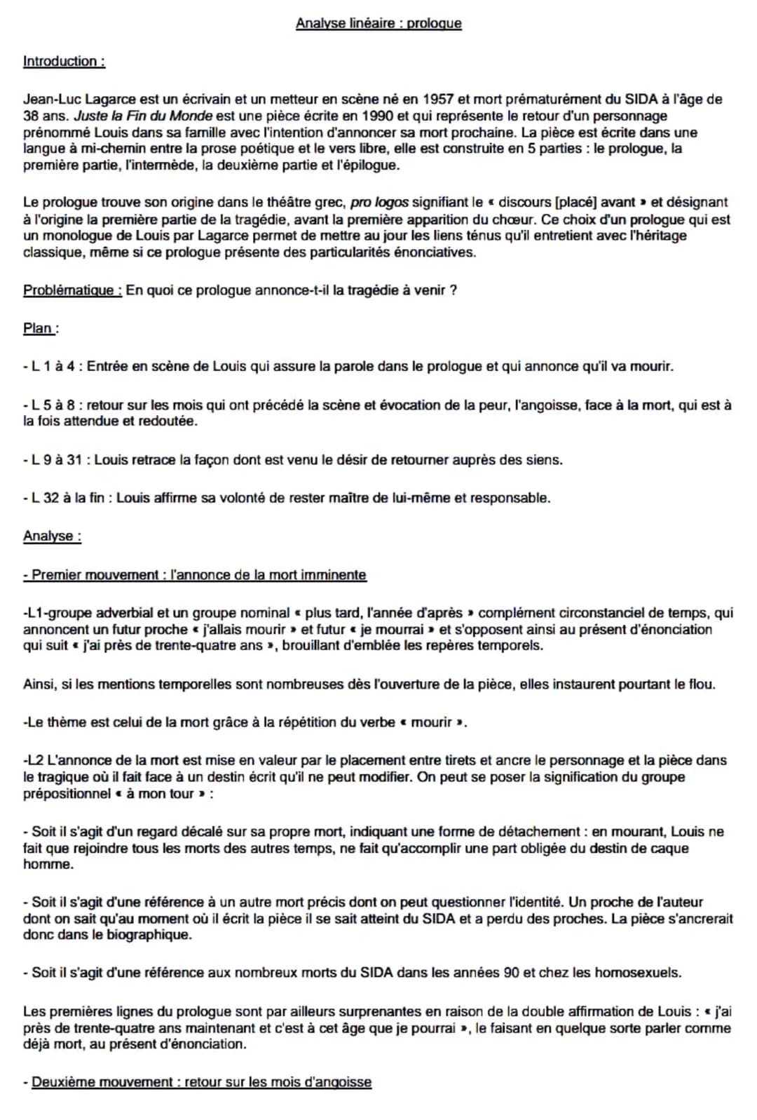 Introduction :
Analyse linéaire : proloque
Jean-Luc Lagarce est un écrivain et un metteur en scène né en 1957 et mort prématurément du SIDA 