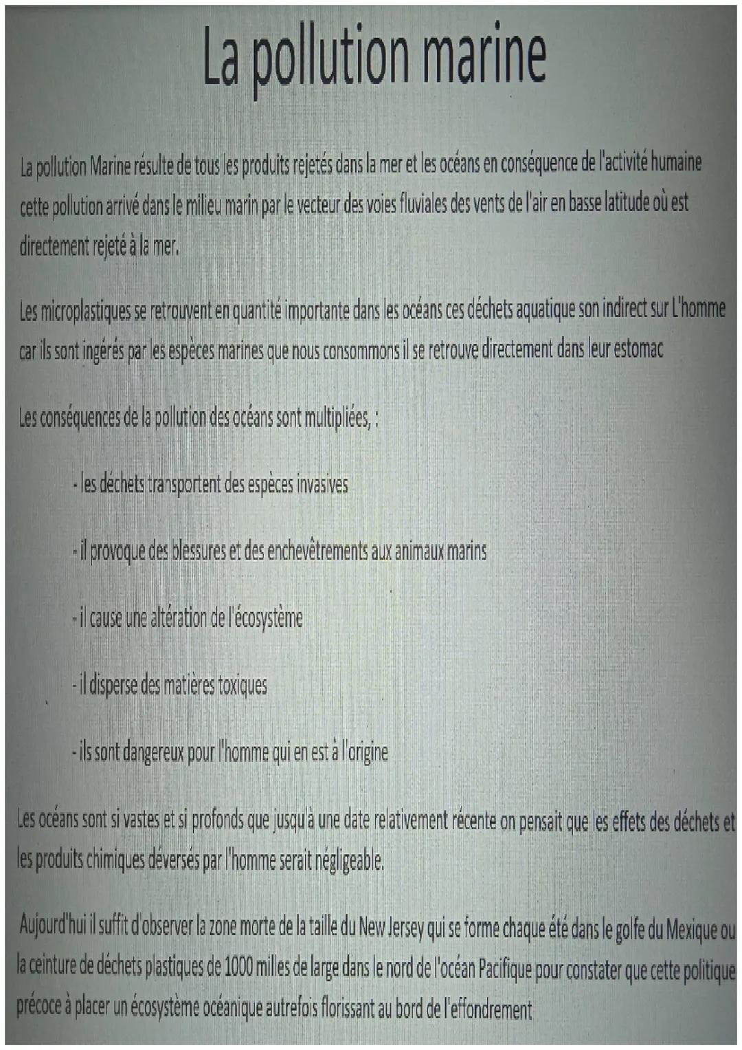 # La pollution marine

La pollution Marine résulte de tous les produits rejetés dans la mer et les océans en conséquence de l'activité humai