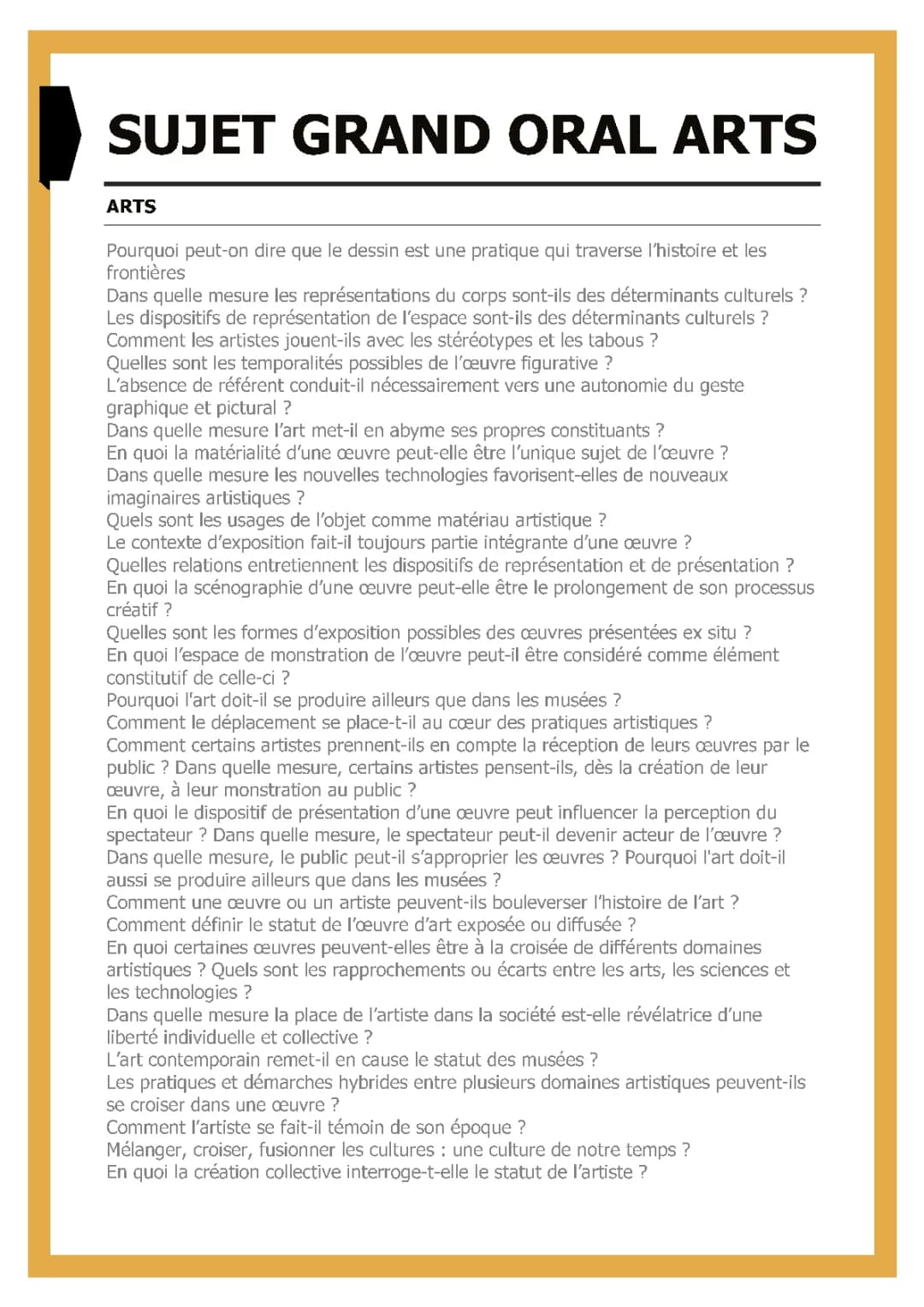 Sujets Grand Oral Arts : Théâtre, Plastiques, Cinéma et Technologie