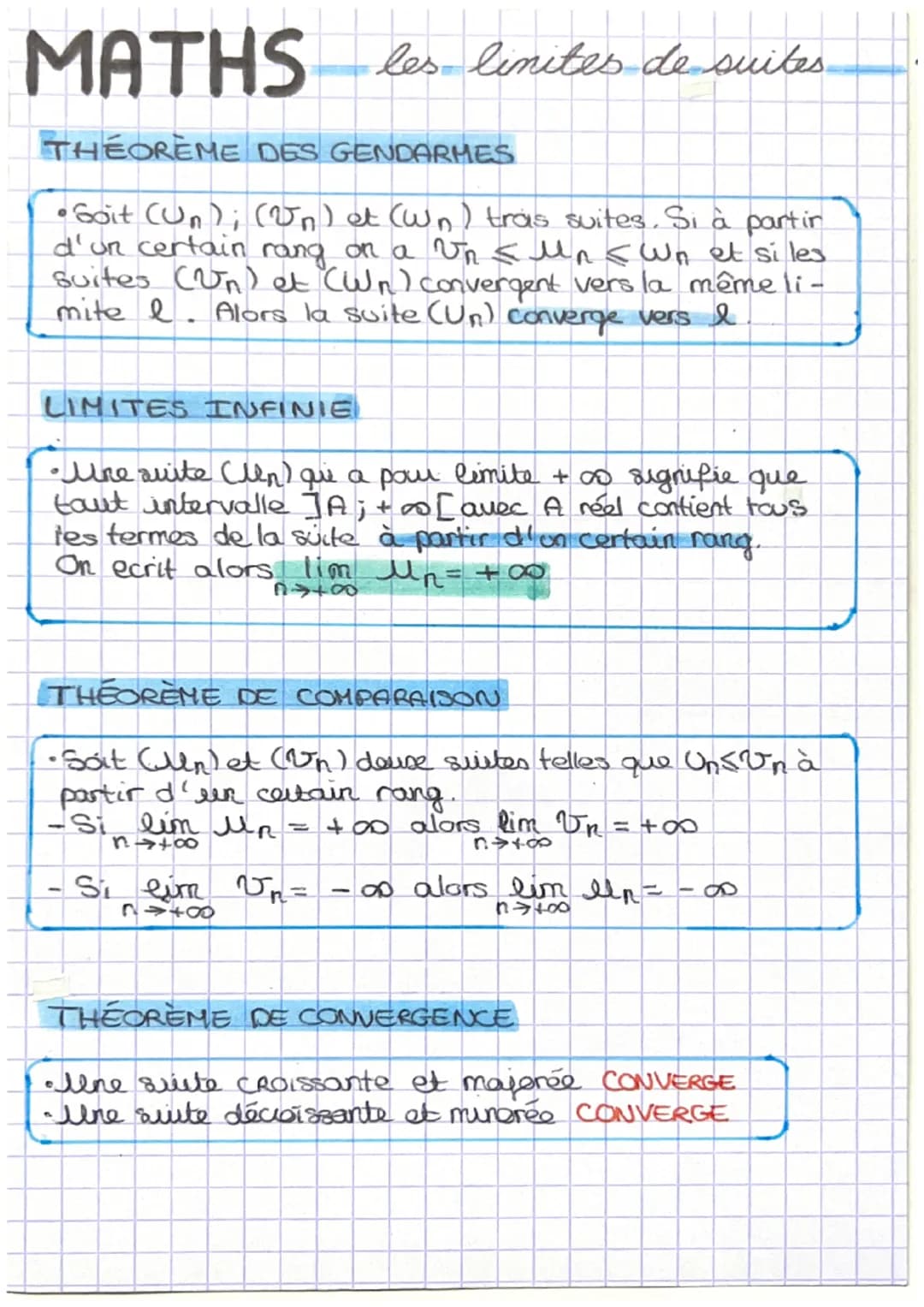 MATHS
THEOREME DES GENDARMES
•Soit (Un); (Un) et (Wn) tras suites. Si à partir
d'un certain rang on a Un <ln<Wn et si les
Suites (Un) et (Wn