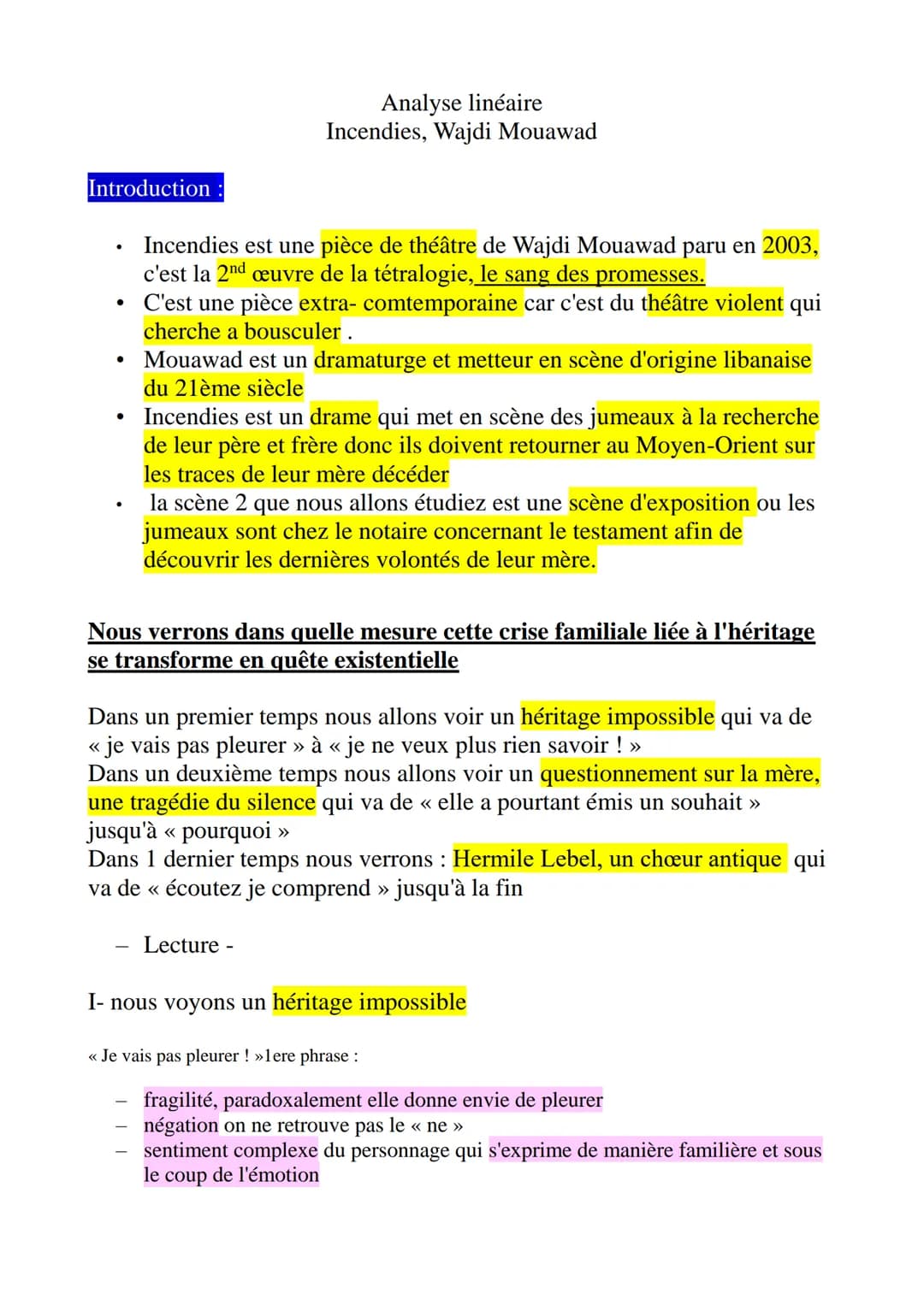Analyse linéaire
Incendies, Wajdi Mouawad
Introduction
•
•
•
•
Incendies est une pièce de théâtre de Wajdi Mouawad paru en 2003,
c'est la 2n