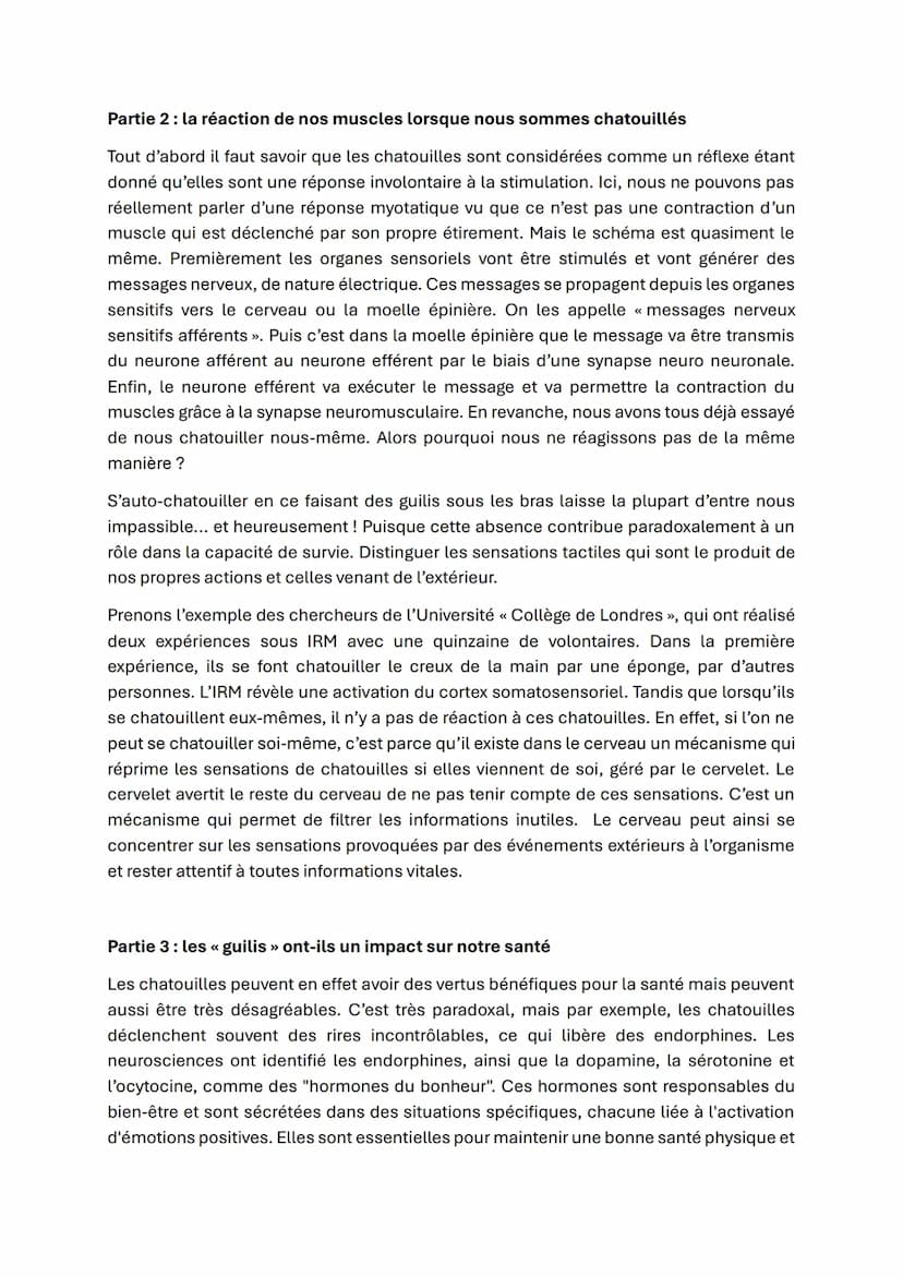 GRAND ORAL SVT
Comment expliquer que s'auto-chatouiller ne provoque aucune réaction, tandis que se
faire chatouiller nous fait réagir ?
Intr