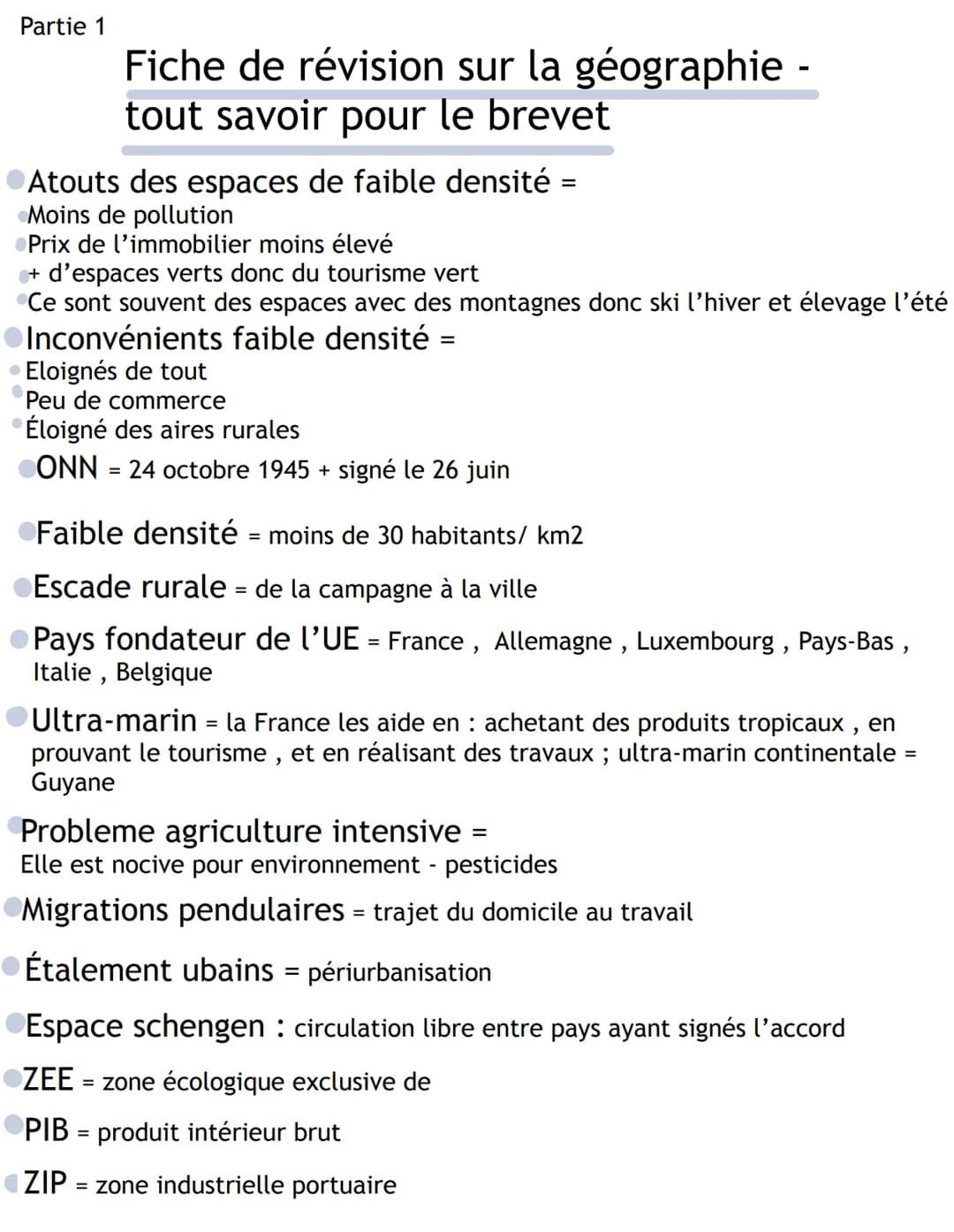 Partie 1
●
Fiche de révision sur la géographie
tout savoir pour le brevet
Atouts des espaces de faible densité
Moins de pollution
Prix de l'
