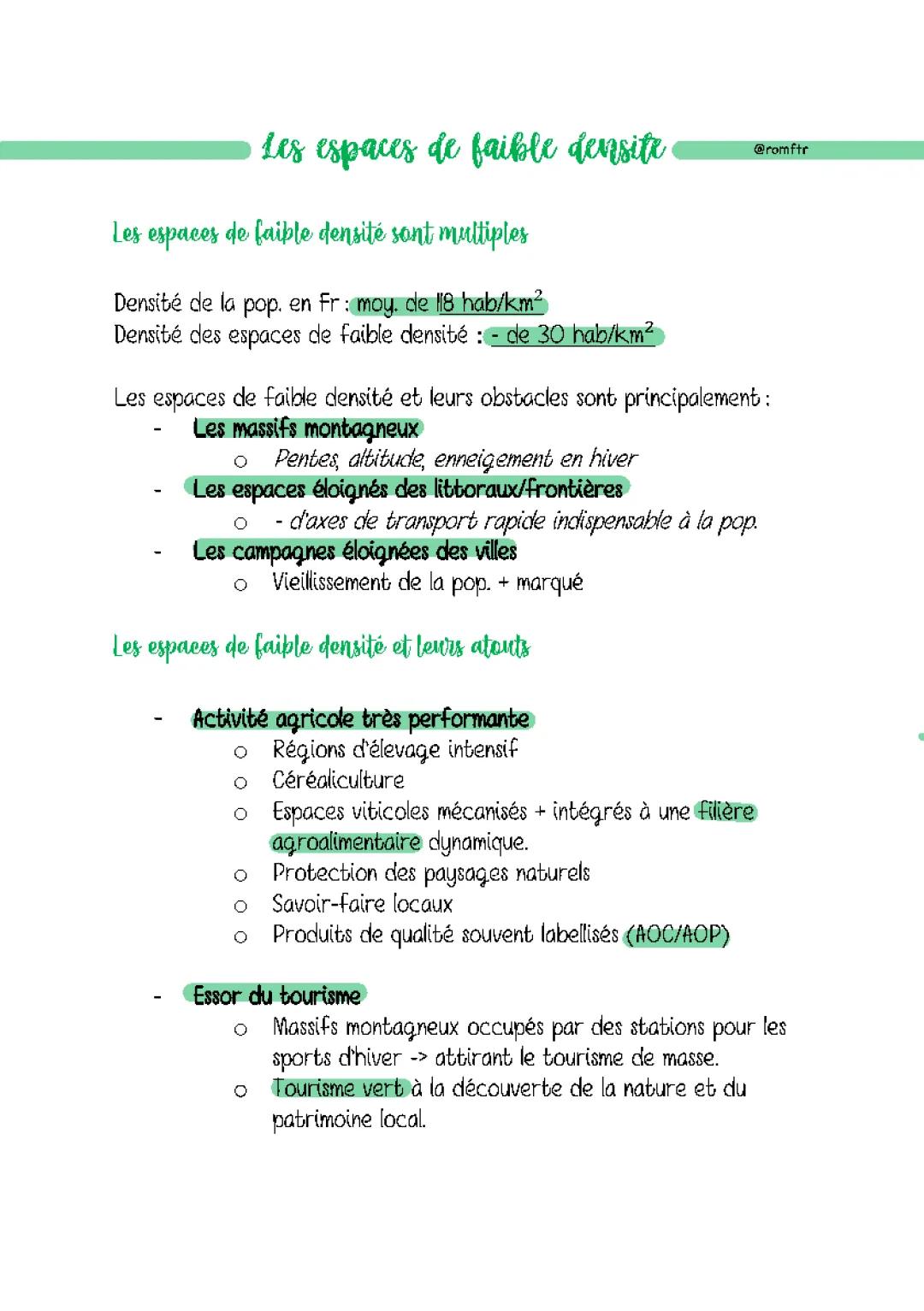 Les Espaces de Faible Densité et Leurs Atouts - Fiche de Révision 3ème