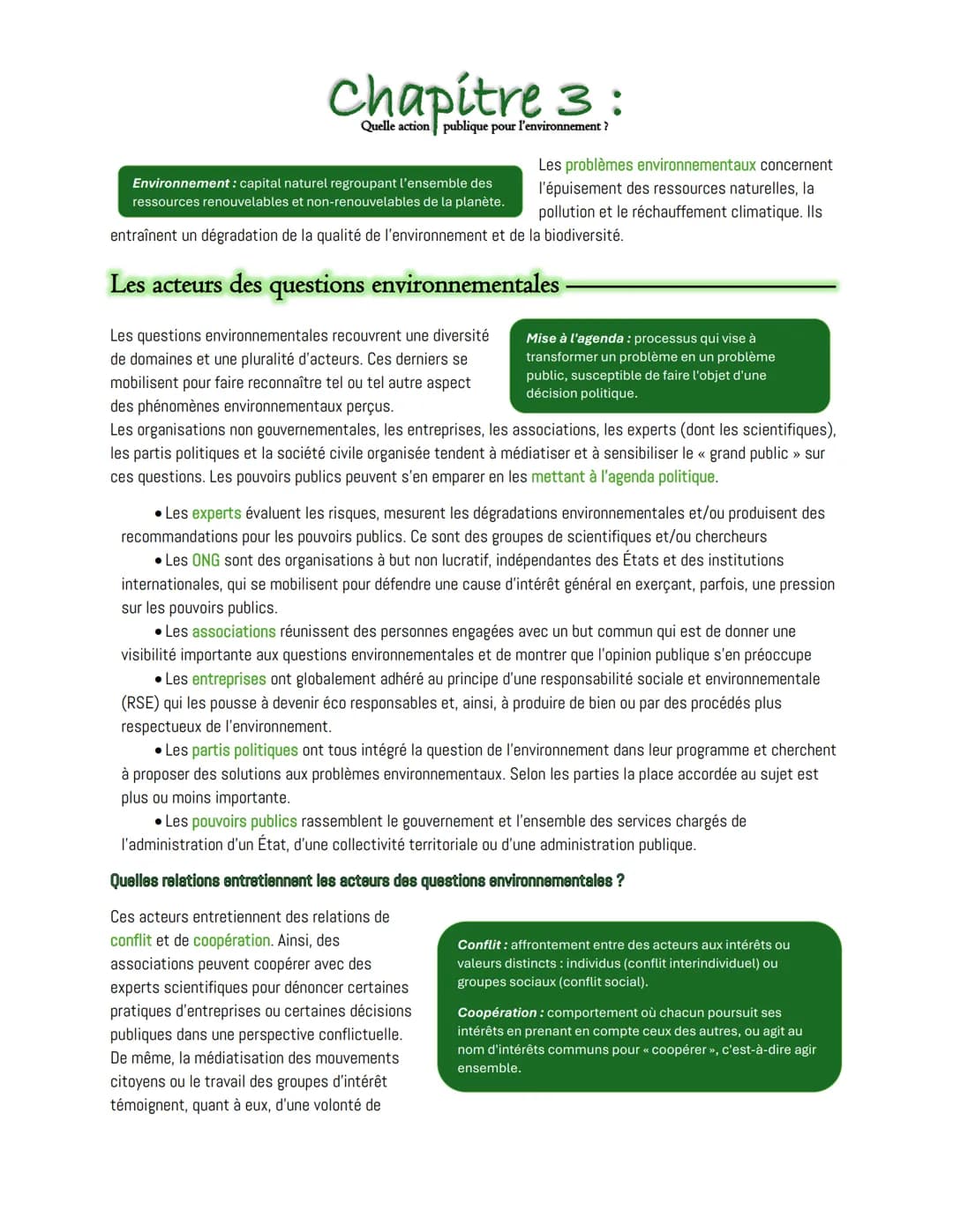 --- OCR Start ---
Chapitre 3:
Quelle action publique pour l'environnement ?
Environnement: capital naturel regroupant l'ensemble des
ressour